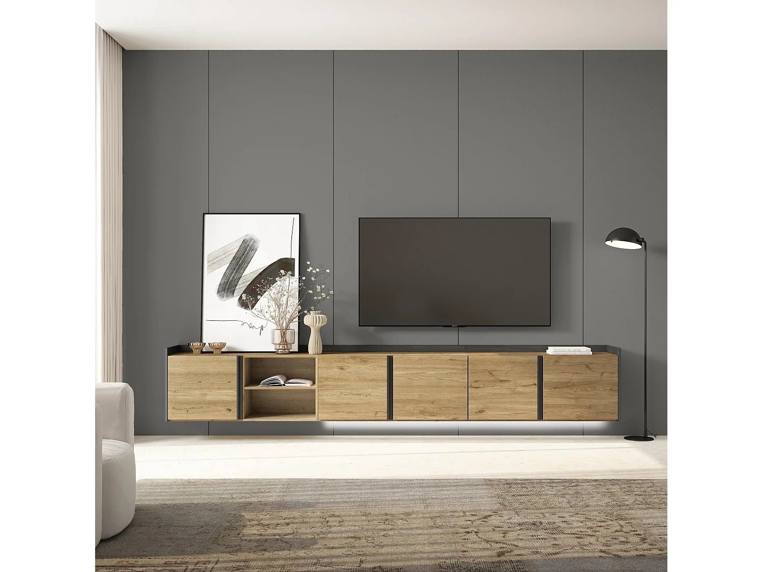 TV-Schrank, Lowboard, 309x50x35 cm, Für TV-Geräte bis zu 80", Hängend, LED, Eiche Schwarz