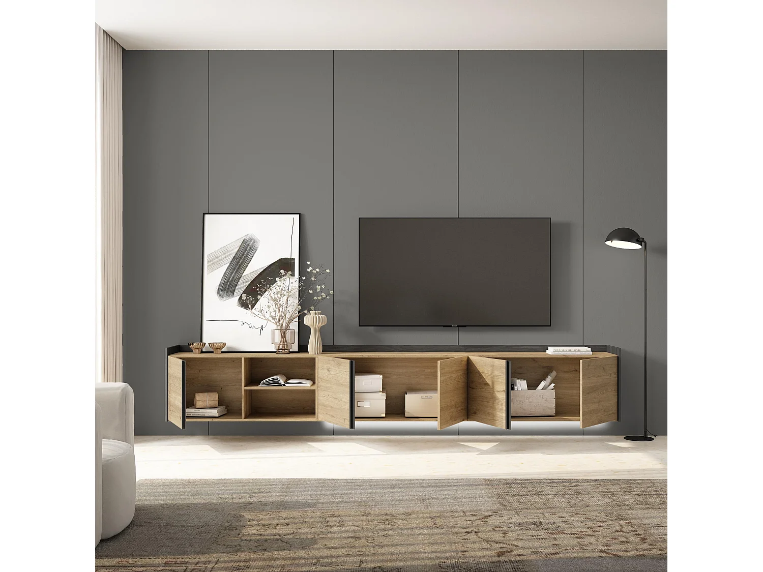 TV-Schrank, Lowboard, 309x50x35 cm, Für TV-Geräte bis zu 80", Hängend, LED, Eiche Schwarz