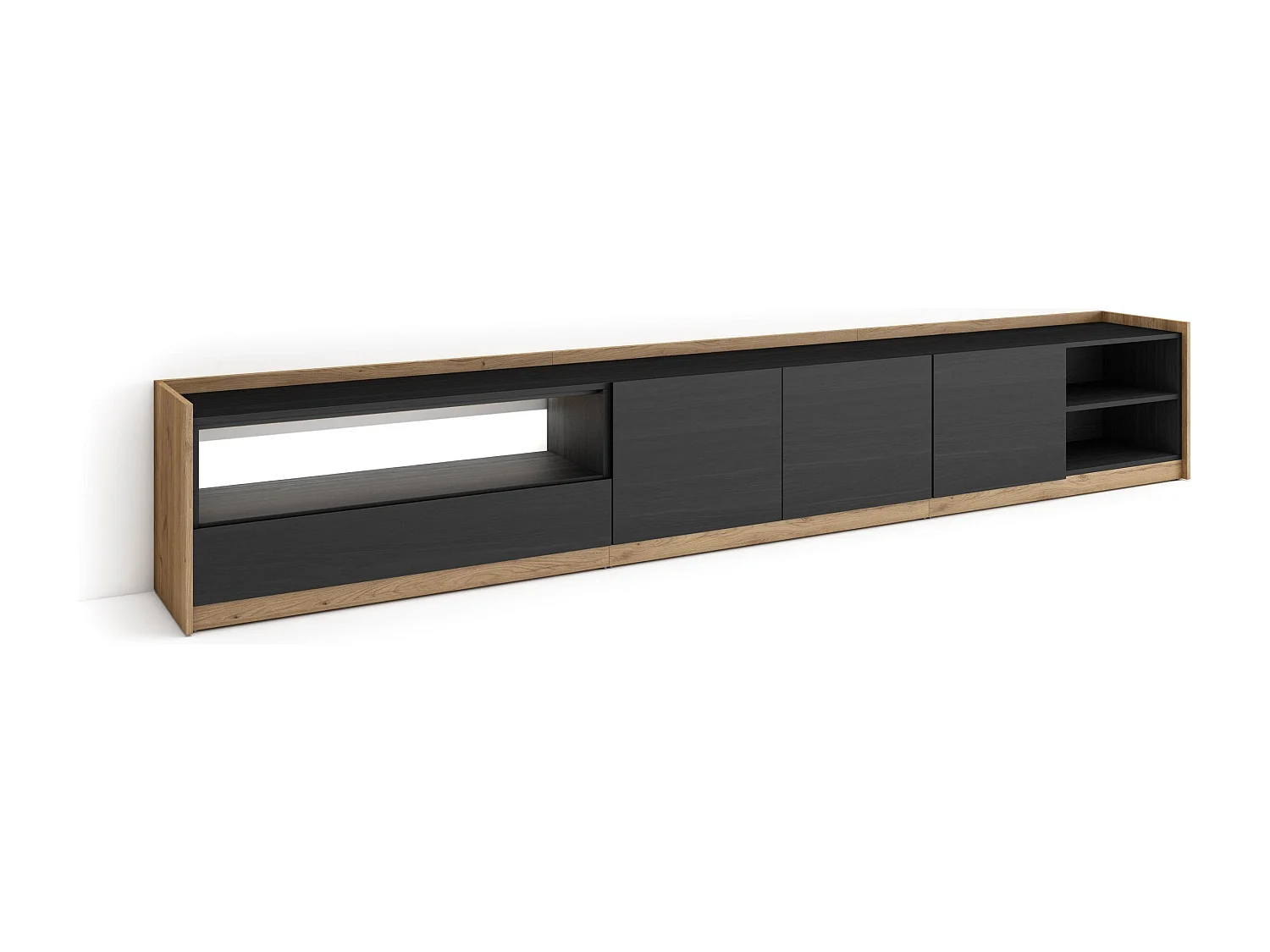 TV-Schrank, Lowboard, 310x50x37 cm, Für TV-Geräte bis zu 80", LED, Schwarz Eiche