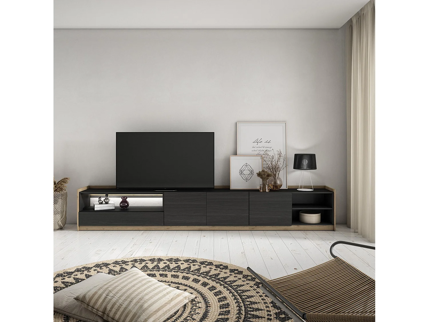 TV-Schrank, Lowboard, 310x50x37 cm, Für TV-Geräte bis zu 80", LED, Schwarz Eiche