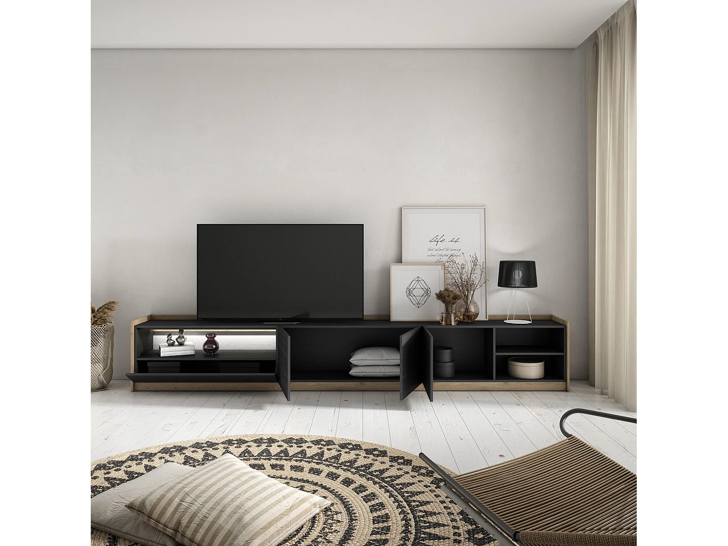 TV-Schrank, Lowboard, 310x50x37 cm, Für TV-Geräte bis zu 80", LED, Schwarz Eiche