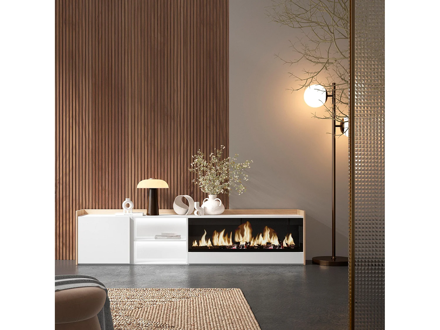 TV-Schrank, Lowboard, 212x50x35 cm, Für TV-Geräte bis zu 80", Elektrokamin XXL, LED, Weiß und Eiche Soft