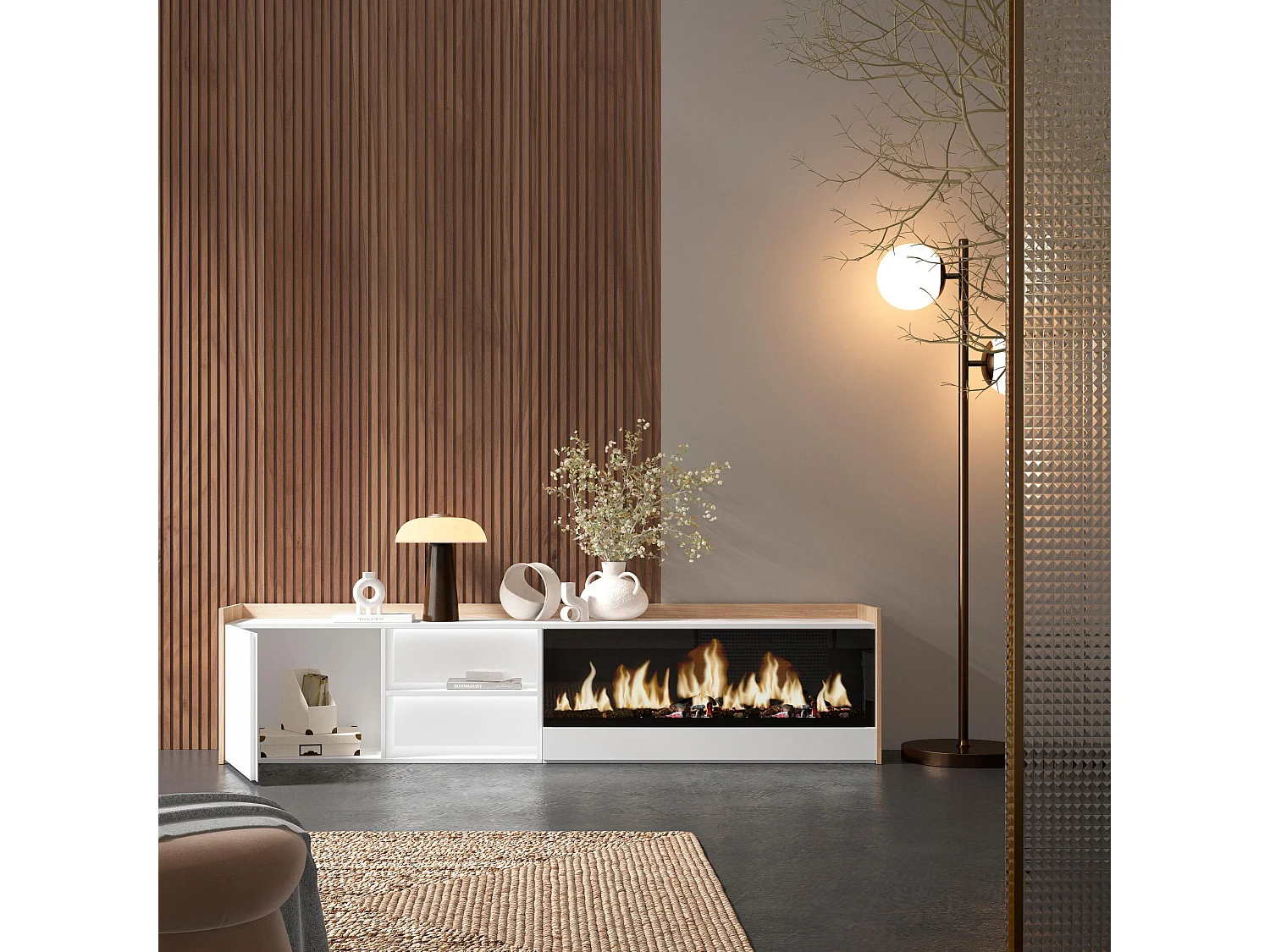 TV-Schrank, Lowboard, 212x50x35 cm, Für TV-Geräte bis zu 80", Elektrokamin XXL, LED, Weiß und Eiche Soft