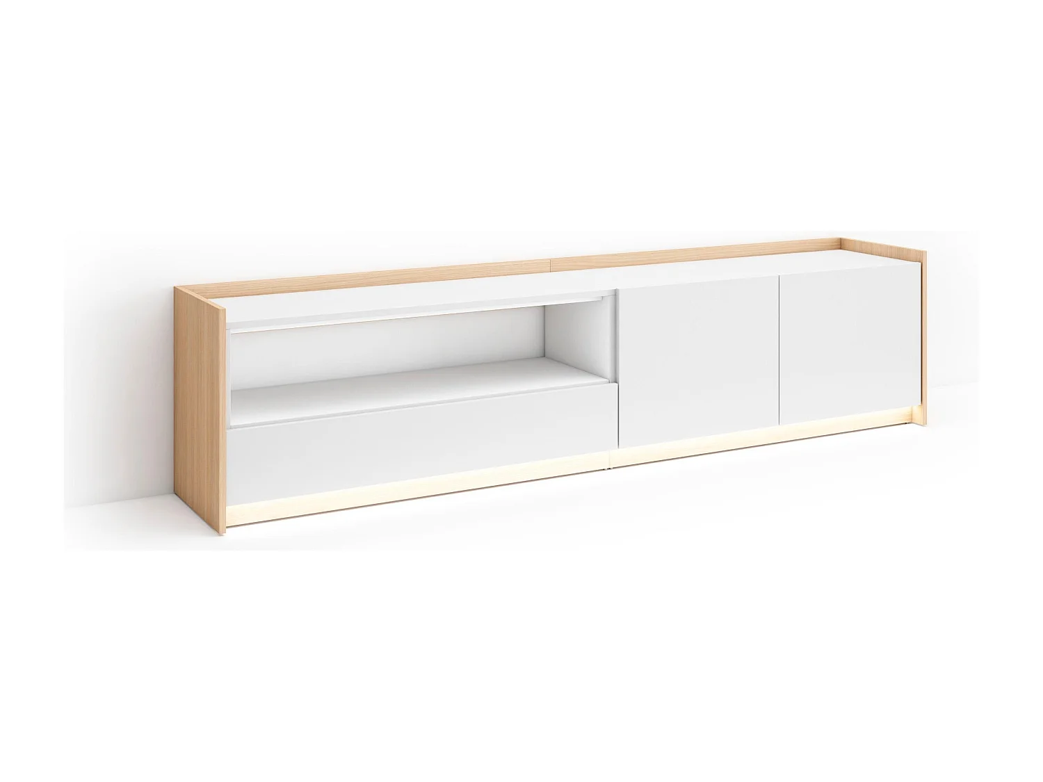 Meuble TV, Banc Télé, 207x50x37 cm, Pour les TV jusqu'à 80", LED, Blanc et Chêne Soft