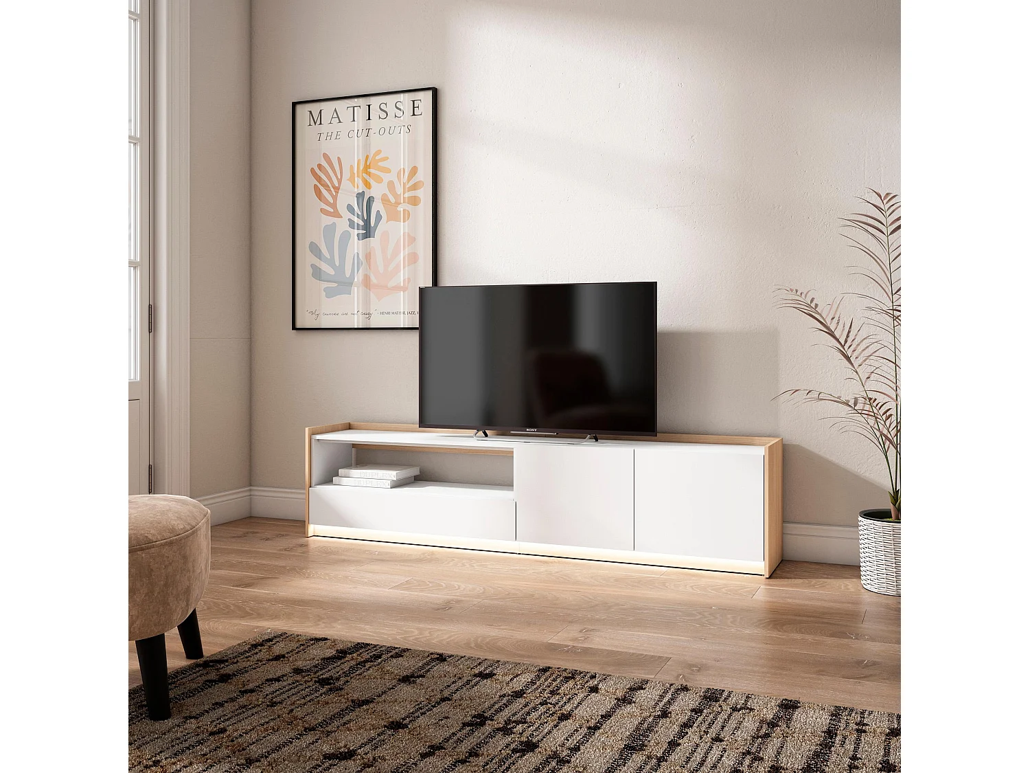 Meuble TV, Banc Télé, 207x50x37 cm, Pour les TV jusqu'à 80", LED, Blanc et Chêne Soft