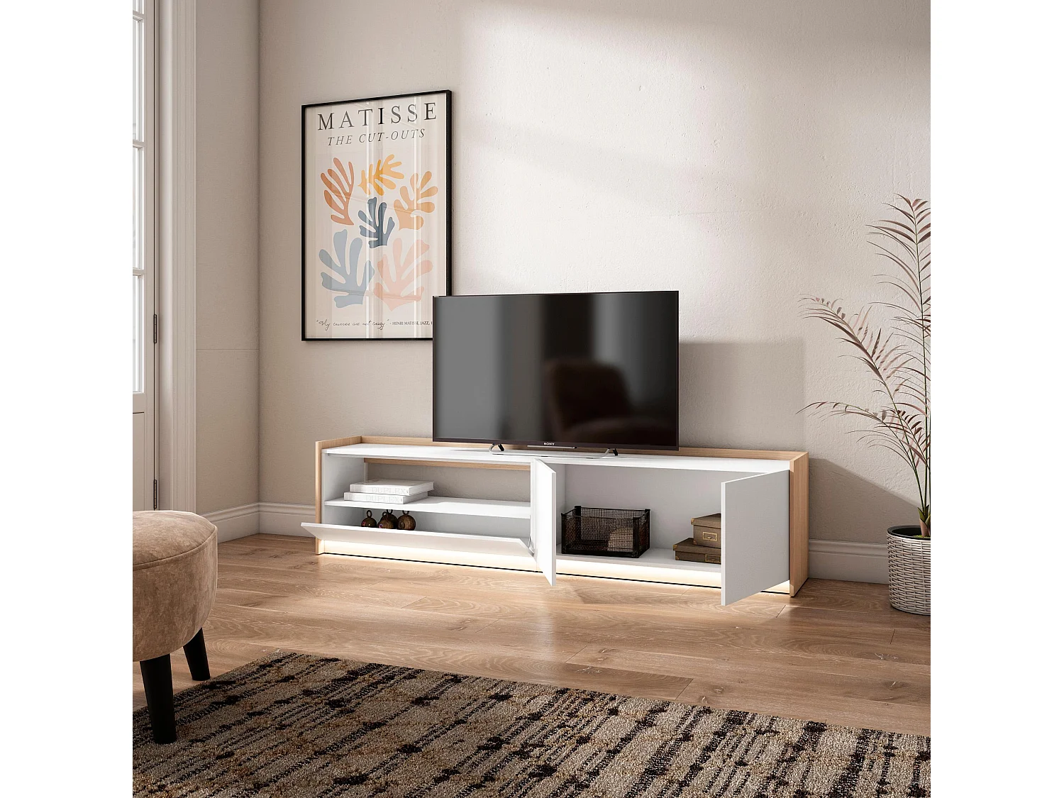 Meuble TV, Banc Télé, 207x50x37 cm, Pour les TV jusqu'à 80", LED, Blanc et Chêne Soft