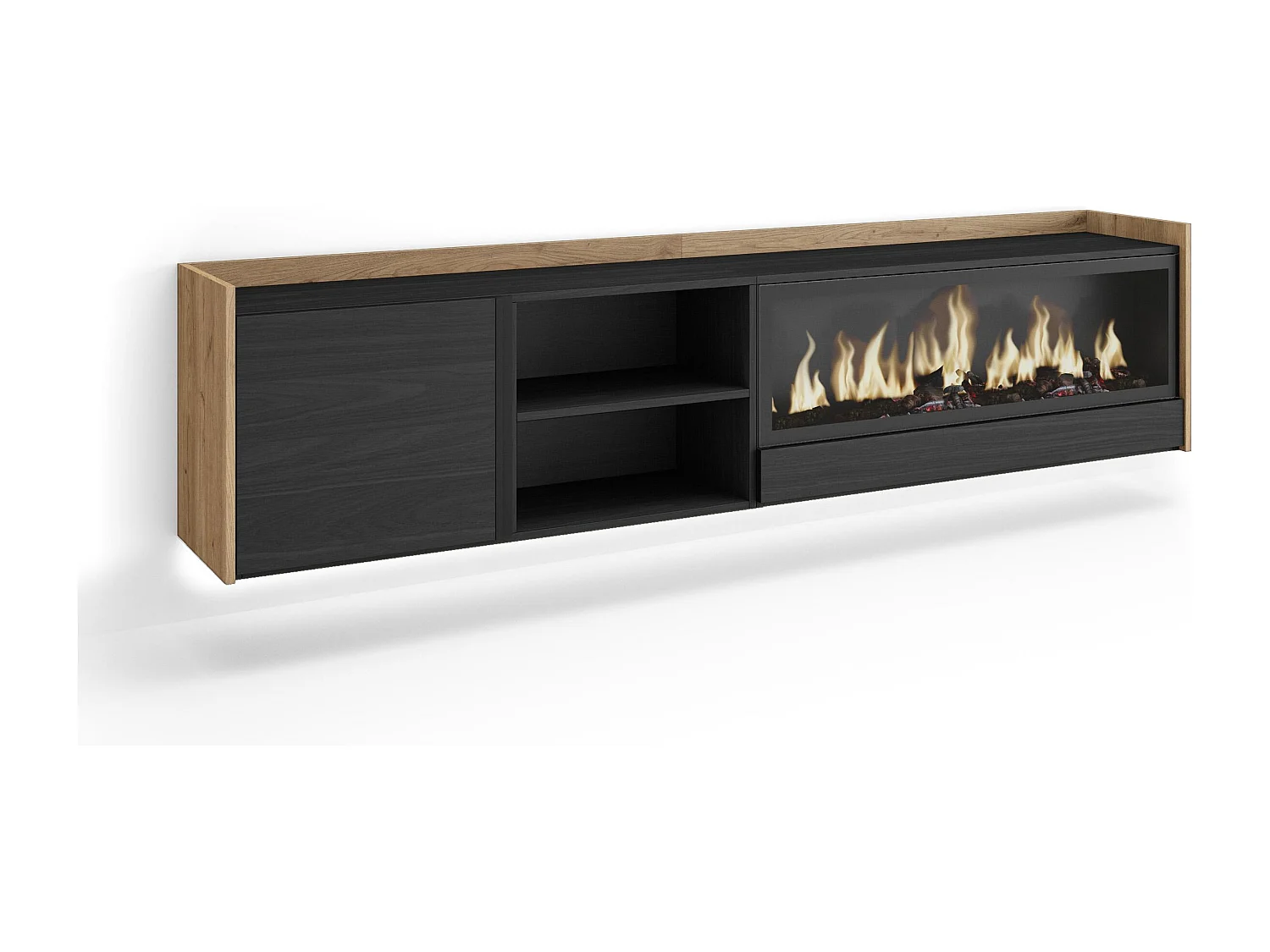 TV-Schrank, Lowboard, 212x50x35 cm, Für TV-Geräte bis zu 80", Elektrokamin XXL, Hängend, LED, Schwarz Eiche