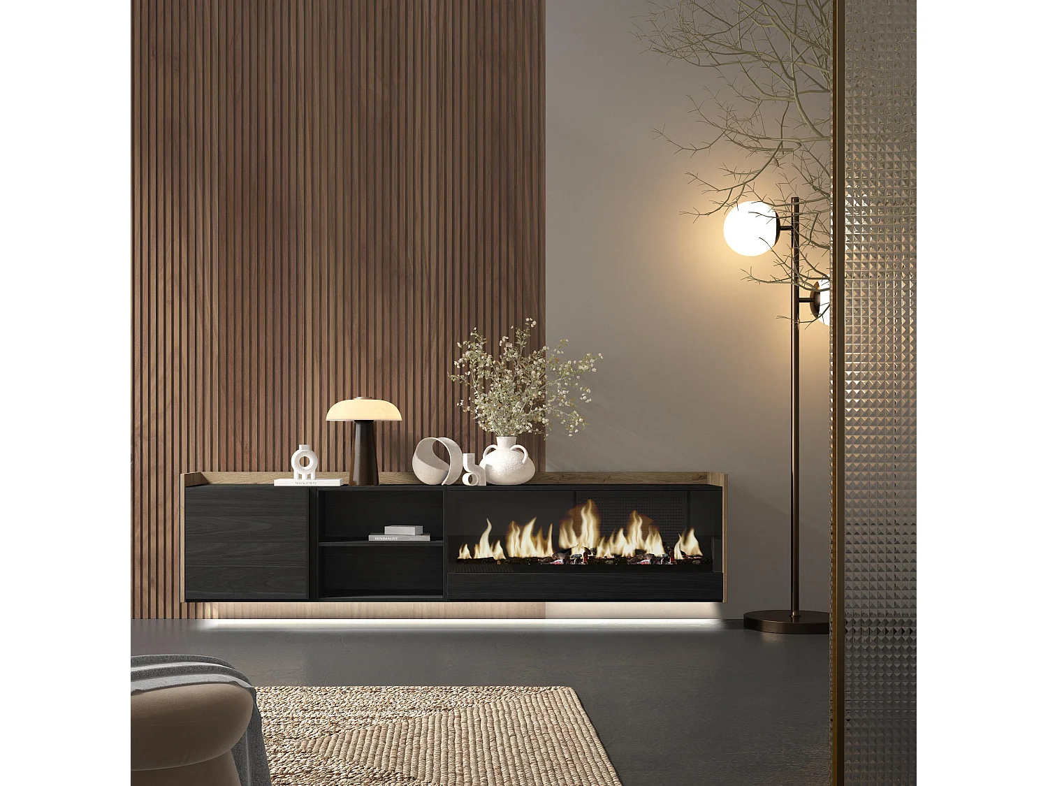 TV-Schrank, Lowboard, 212x50x35 cm, Für TV-Geräte bis zu 80", Elektrokamin XXL, Hängend, LED, Schwarz Eiche