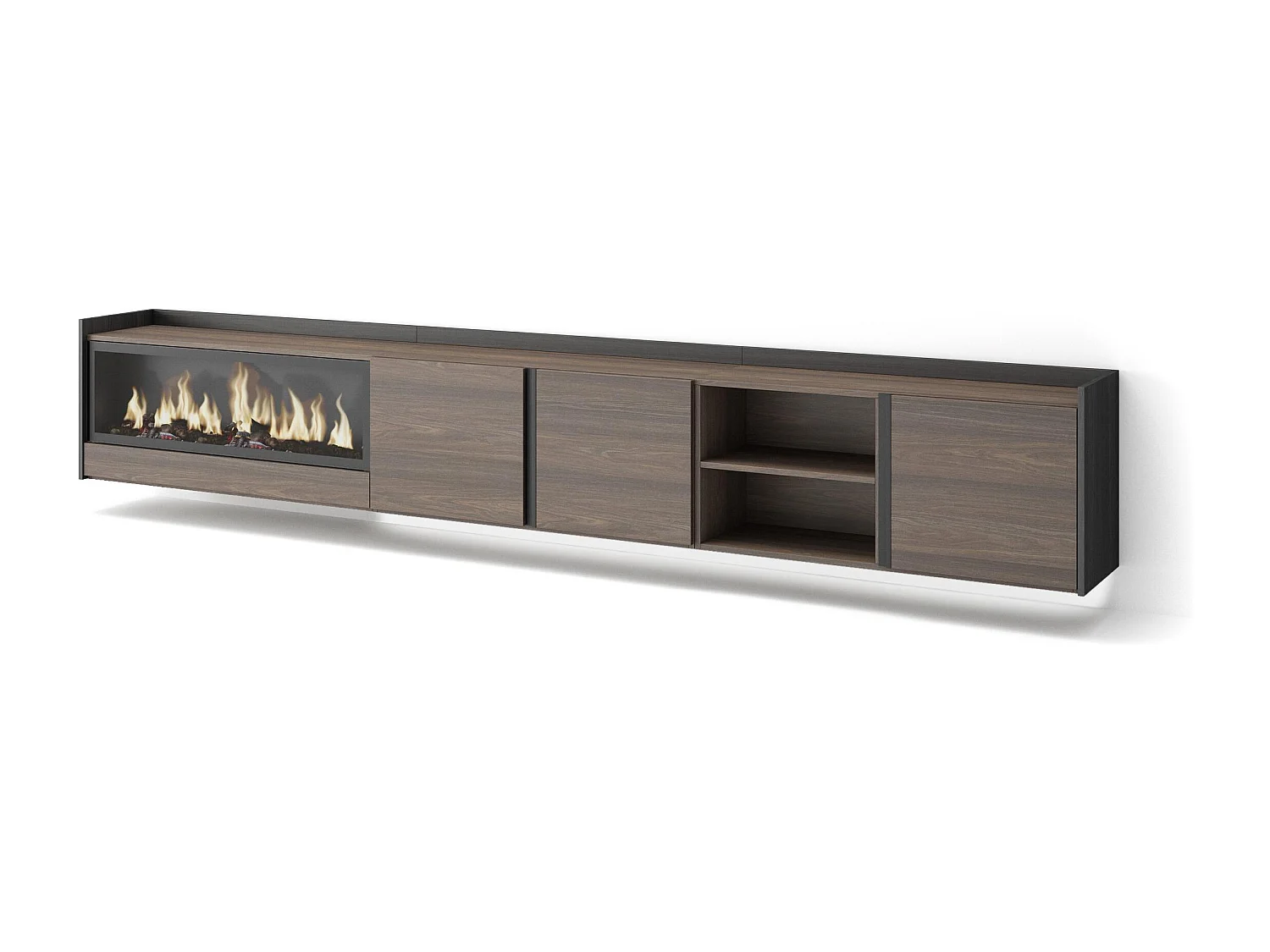 TV-Schrank, Lowboard, 315x50x35 cm, Für TV-Geräte bis zu 80", Elektrokamin XXL, Hängend, LED, Dunkler Eiche und Schwarz