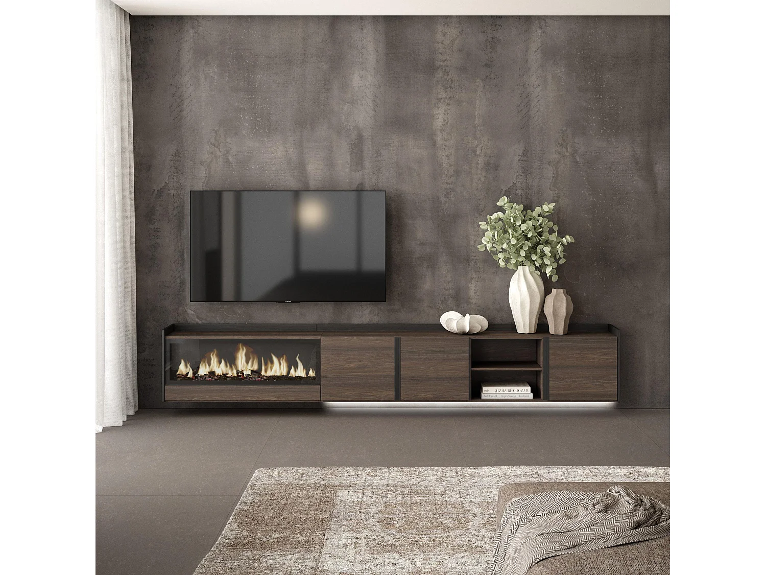TV-Schrank, Lowboard, 315x50x35 cm, Für TV-Geräte bis zu 80", Elektrokamin XXL, Hängend, LED, Dunkler Eiche und Schwarz