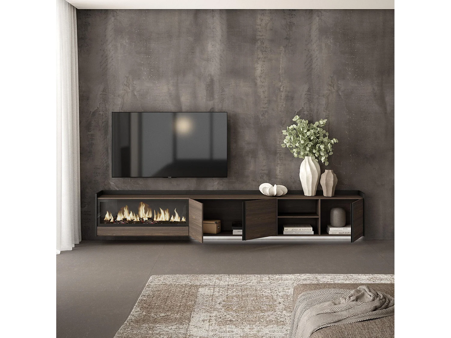 TV-Schrank, Lowboard, 315x50x35 cm, Für TV-Geräte bis zu 80", Elektrokamin XXL, Hängend, LED, Dunkler Eiche und Schwarz
