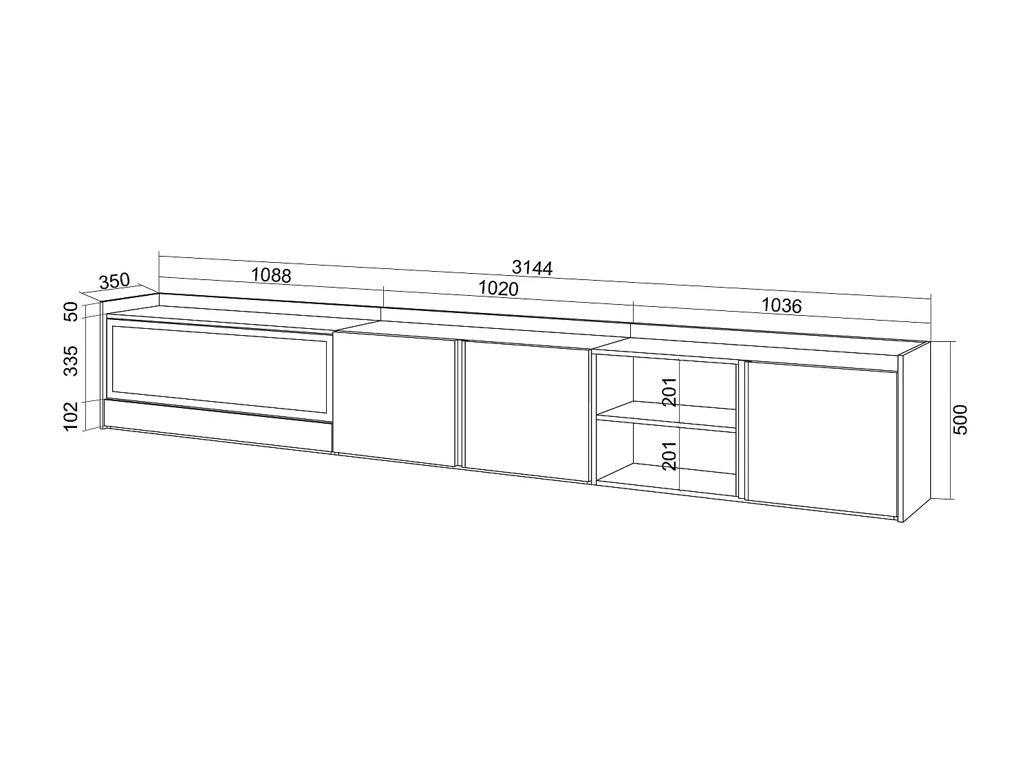 TV-Schrank, Lowboard, 315x50x35 cm, Für TV-Geräte bis zu 80", Elektrokamin XXL, Hängend, LED, Dunkler Eiche und Schwarz