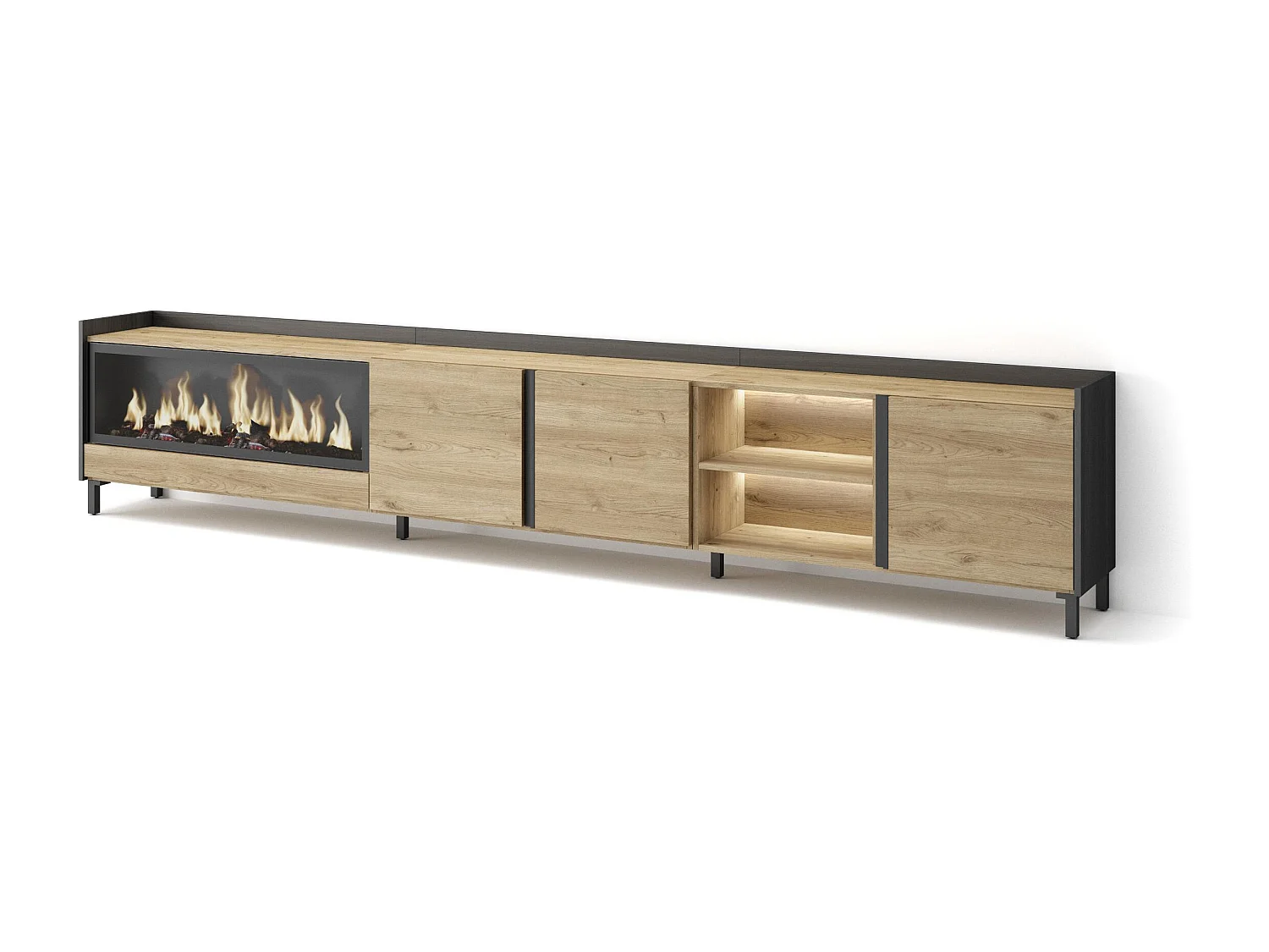 TV-Schrank, Lowboard, 315x61x35 cm, Für TV-Geräte bis zu 80", Elektrokamin XXL, Industriedesign, LED, Eiche Schwarz