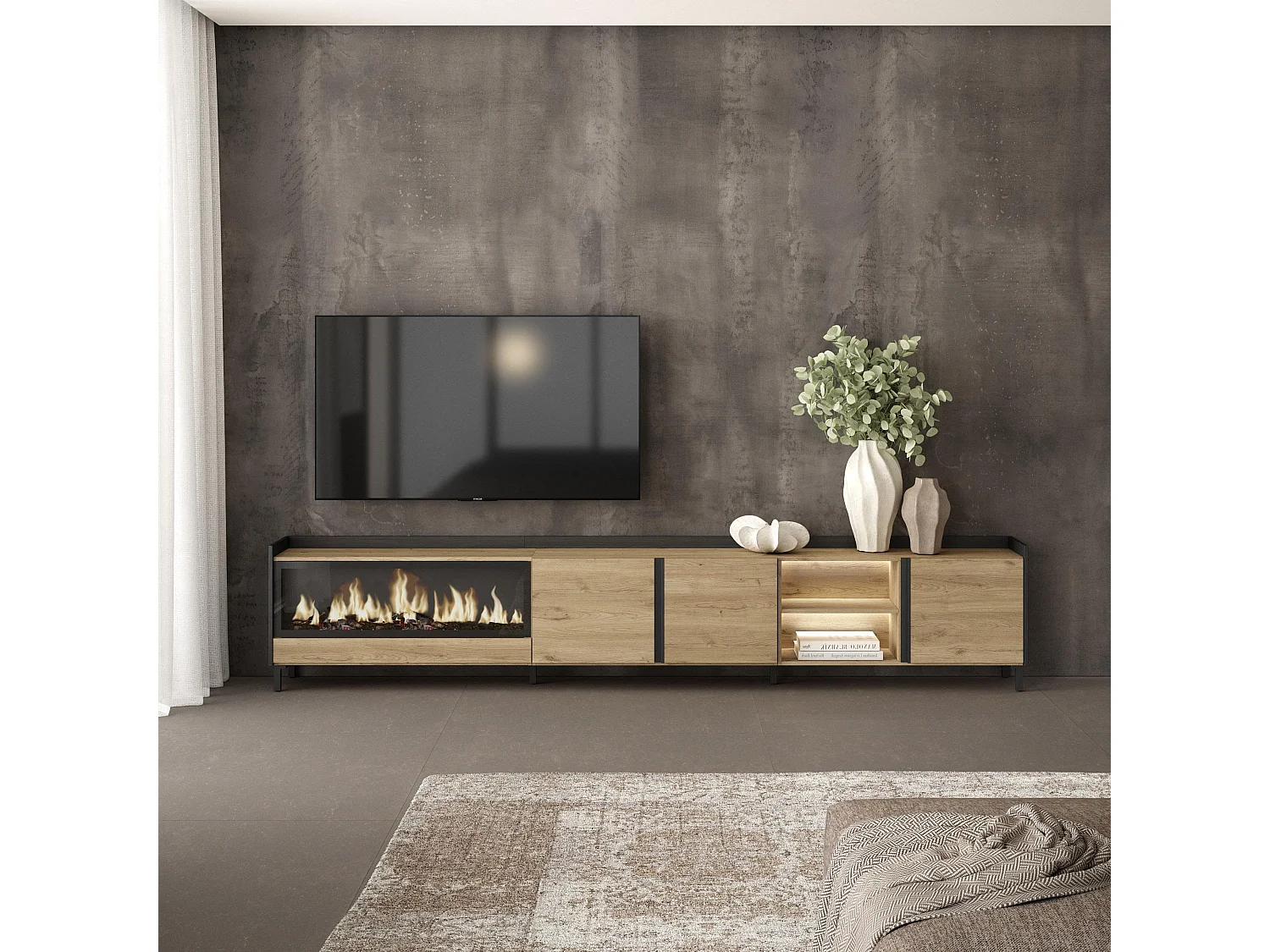 TV-Schrank, Lowboard, 315x61x35 cm, Für TV-Geräte bis zu 80", Elektrokamin XXL, Industriedesign, LED, Eiche Schwarz
