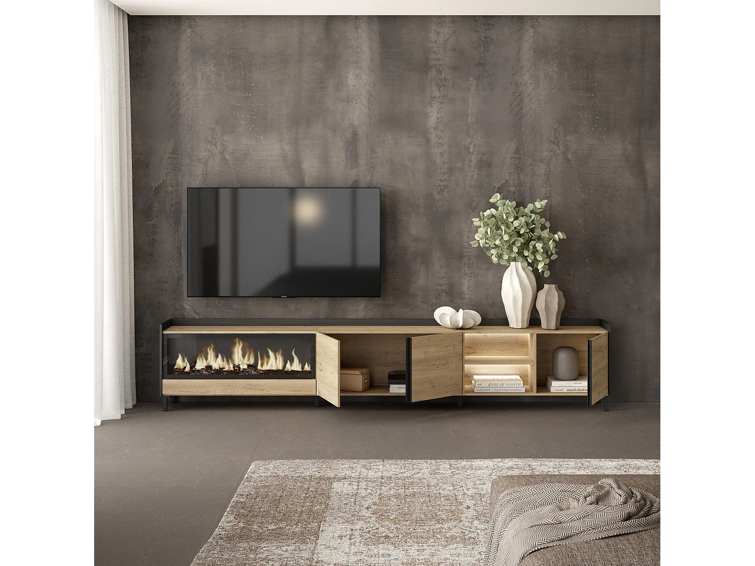 TV-Schrank, Lowboard, 315x61x35 cm, Für TV-Geräte bis zu 80", Elektrokamin XXL, Industriedesign, LED, Eiche Schwarz