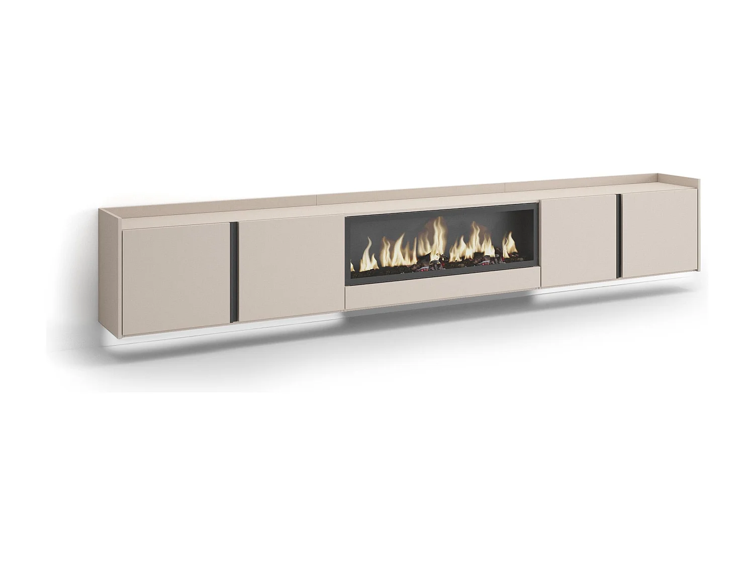 TV-Meubel, Lowboard, 315x50x35 cm, Voor tv's tot 80", Elektrische haard XXL, Hangend, LED, Beige