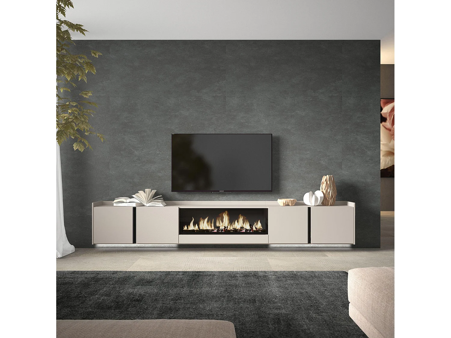TV-Meubel, Lowboard, 315x50x35 cm, Voor tv's tot 80", Elektrische haard XXL, Hangend, LED, Beige