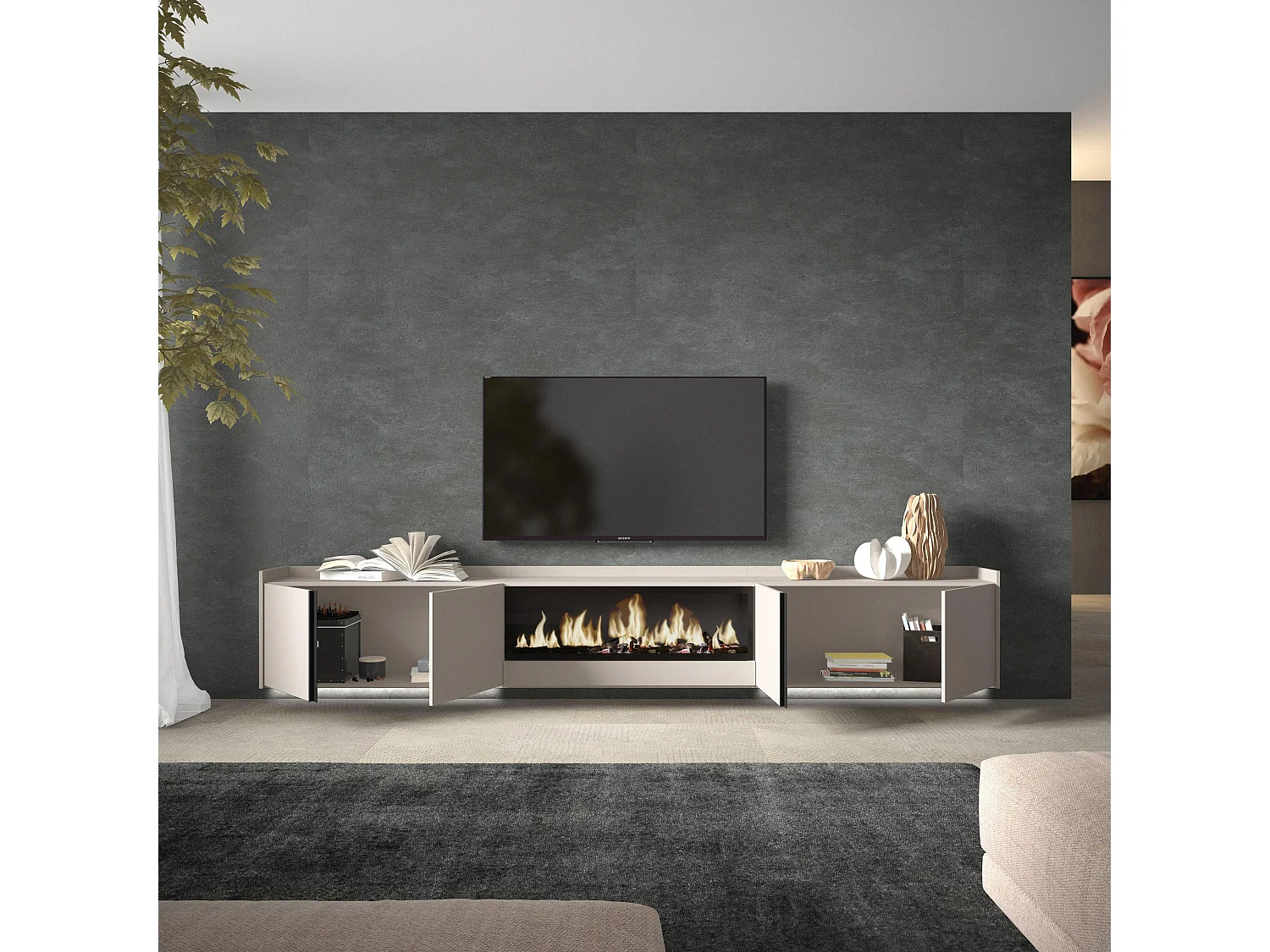 TV-Meubel, Lowboard, 315x50x35 cm, Voor tv's tot 80", Elektrische haard XXL, Hangend, LED, Beige