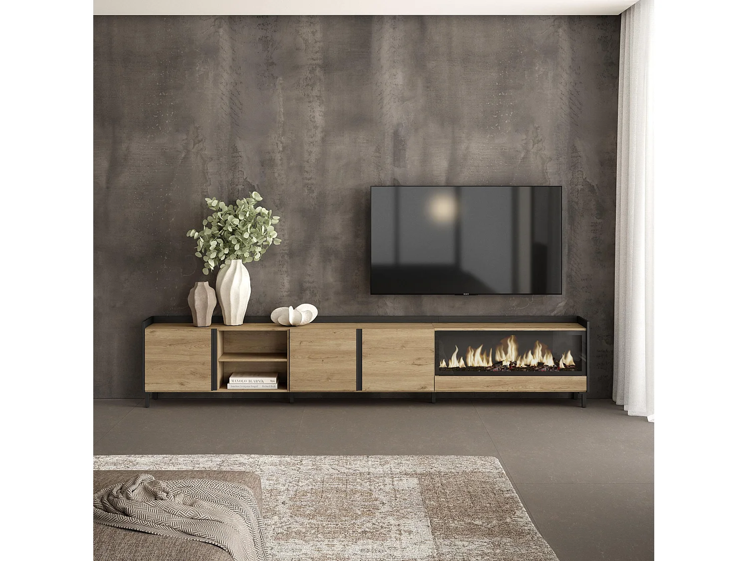 TV-Schrank, Lowboard, 315x61x35 cm, Für TV-Geräte bis zu 80", Elektrokamin XXL, Industriedesign, Eiche Schwarz