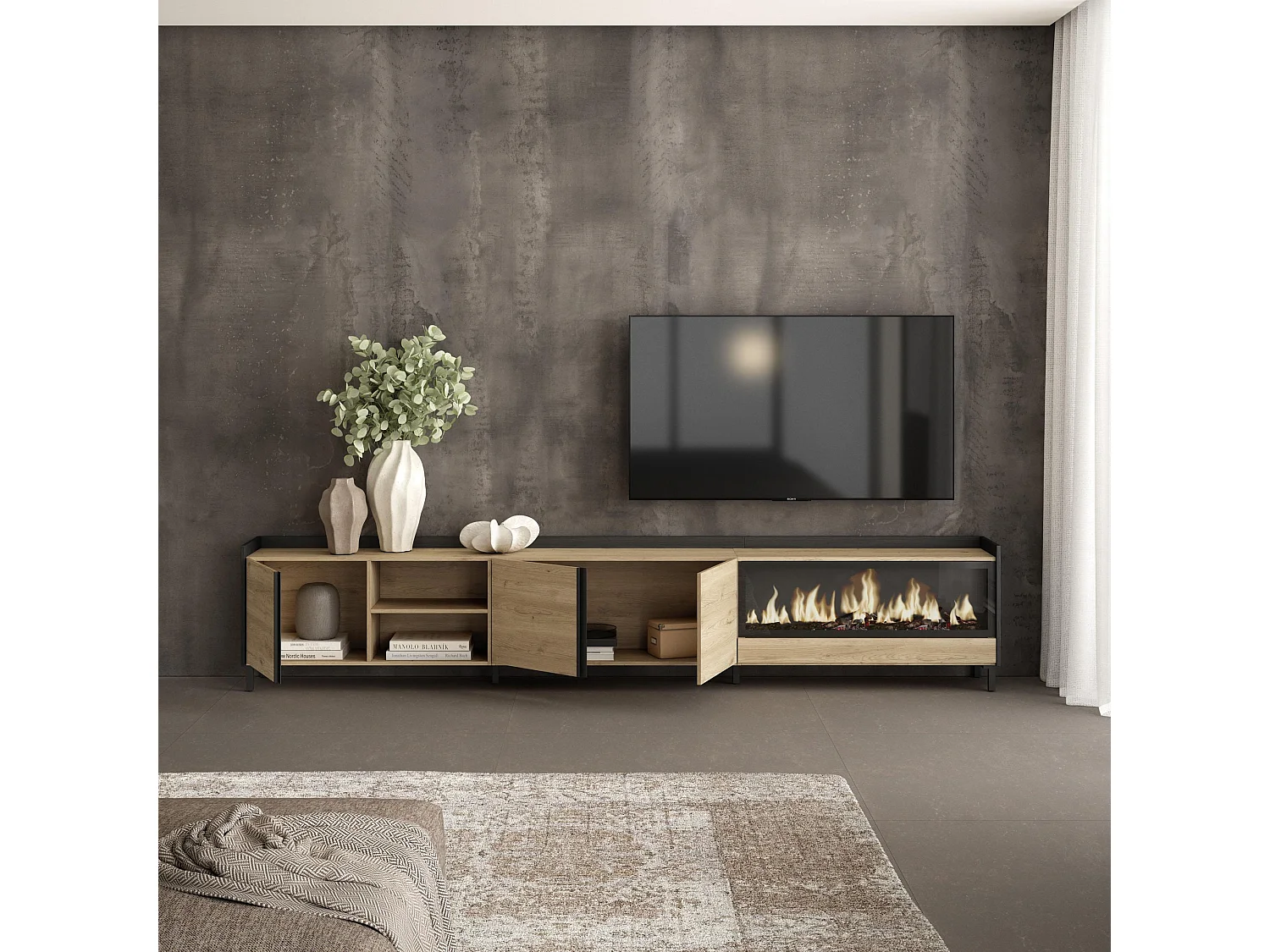 TV-Schrank, Lowboard, 315x61x35 cm, Für TV-Geräte bis zu 80", Elektrokamin XXL, Industriedesign, Eiche Schwarz