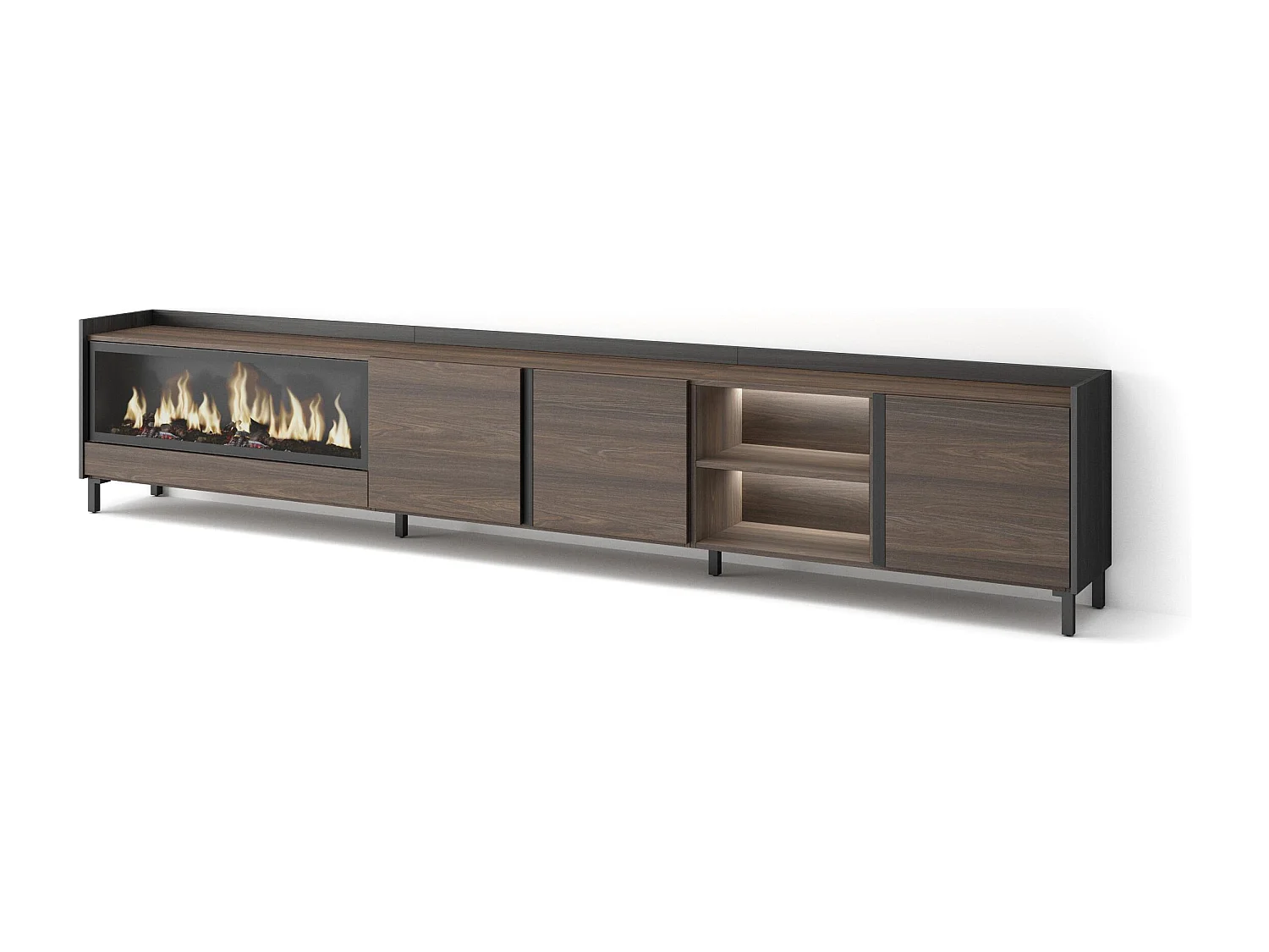 TV-Meubel, Lowboard, 315x61x35 cm, Voor tv's tot 80", Elektrische haard XXL, Industrieel design, LED, Donkere eik en Zwart