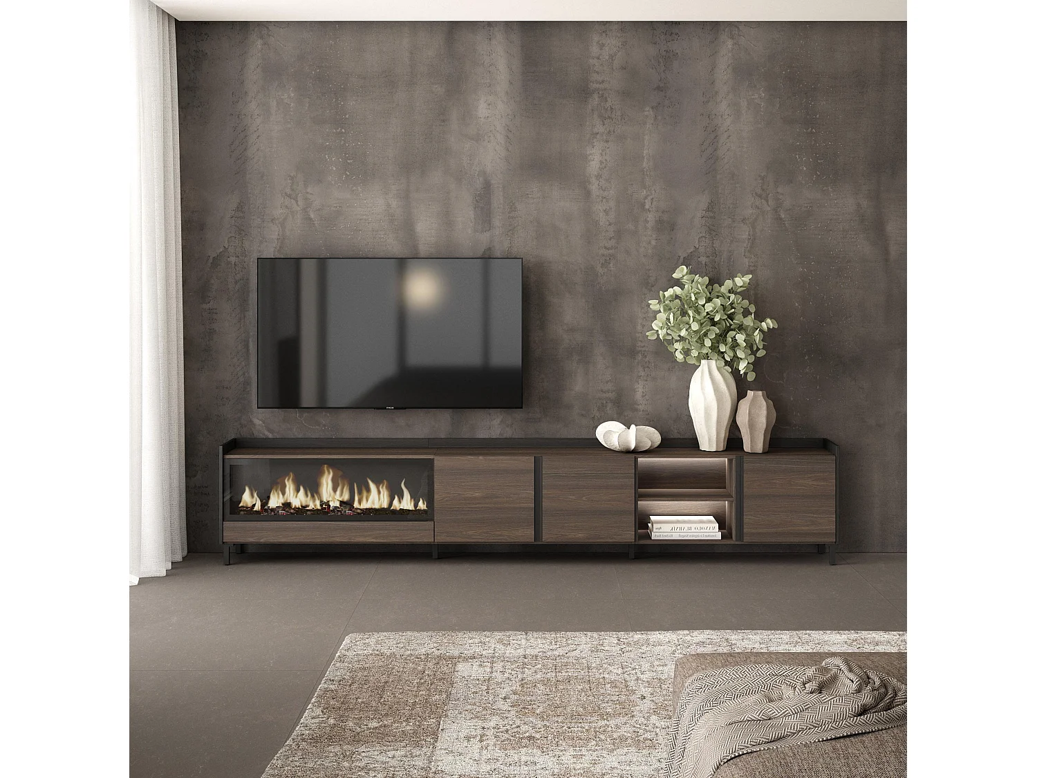 TV-Meubel, Lowboard, 315x61x35 cm, Voor tv's tot 80", Elektrische haard XXL, Industrieel design, LED, Donkere eik en Zwart