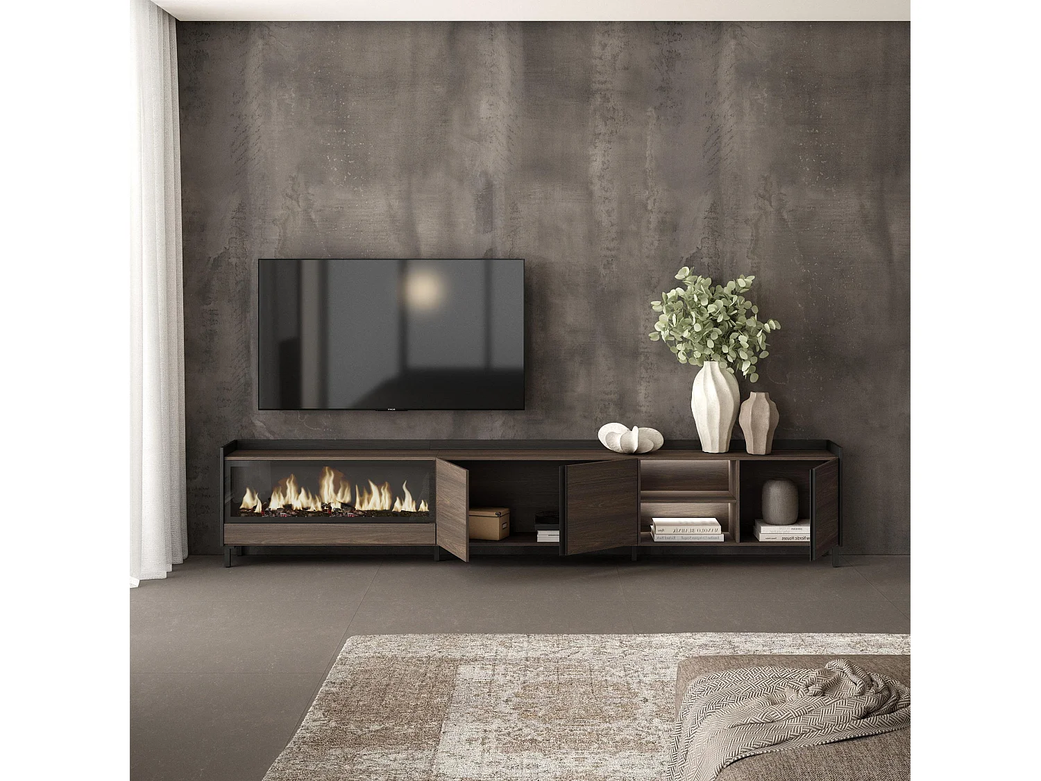 TV-Meubel, Lowboard, 315x61x35 cm, Voor tv's tot 80", Elektrische haard XXL, Industrieel design, LED, Donkere eik en Zwart