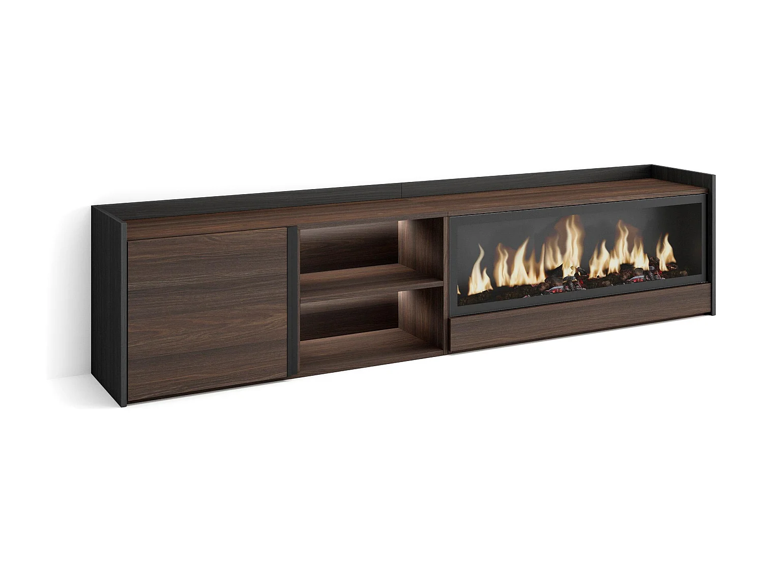 TV-Schrank, Lowboard, 212x50x35 cm, Für TV-Geräte bis zu 80", Elektrokamin XXL, LED, Dunkler Eiche und Schwarz