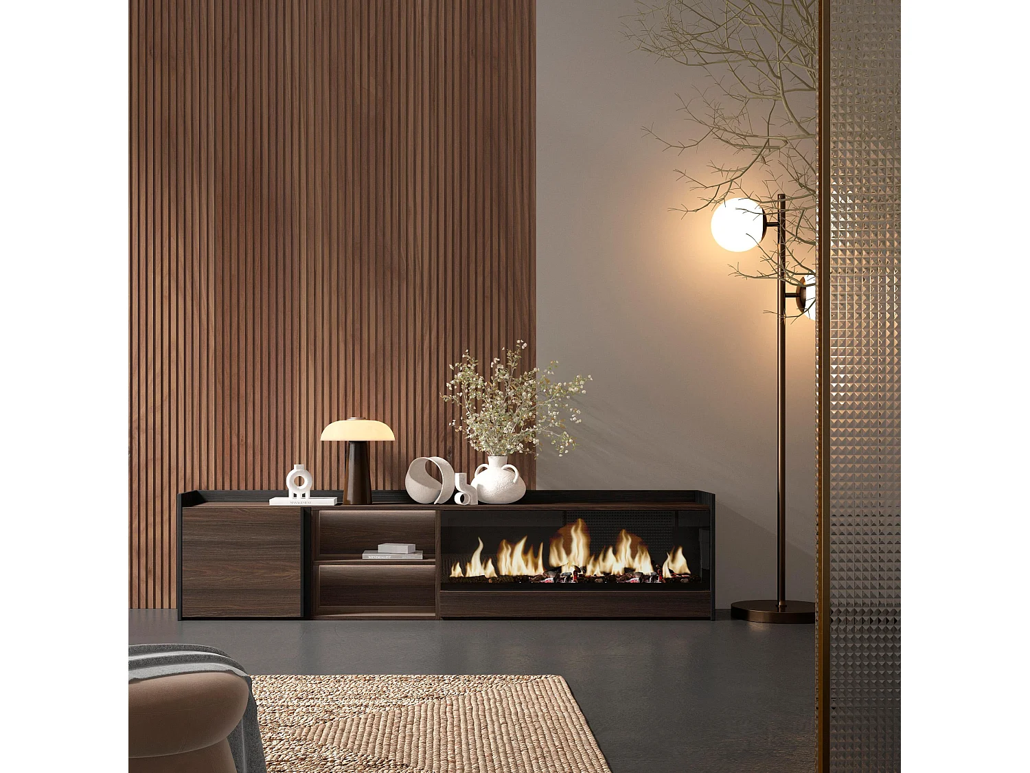 TV-Schrank, Lowboard, 212x50x35 cm, Für TV-Geräte bis zu 80", Elektrokamin XXL, LED, Dunkler Eiche und Schwarz