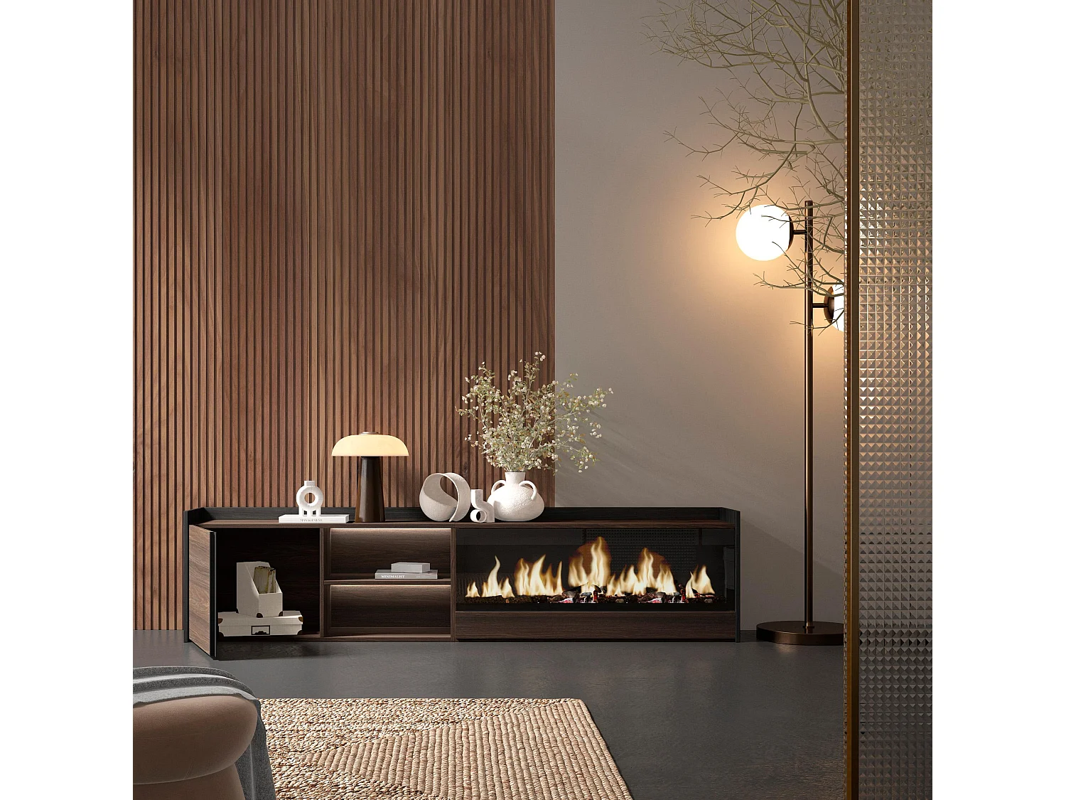 TV-Schrank, Lowboard, 212x50x35 cm, Für TV-Geräte bis zu 80", Elektrokamin XXL, LED, Dunkler Eiche und Schwarz