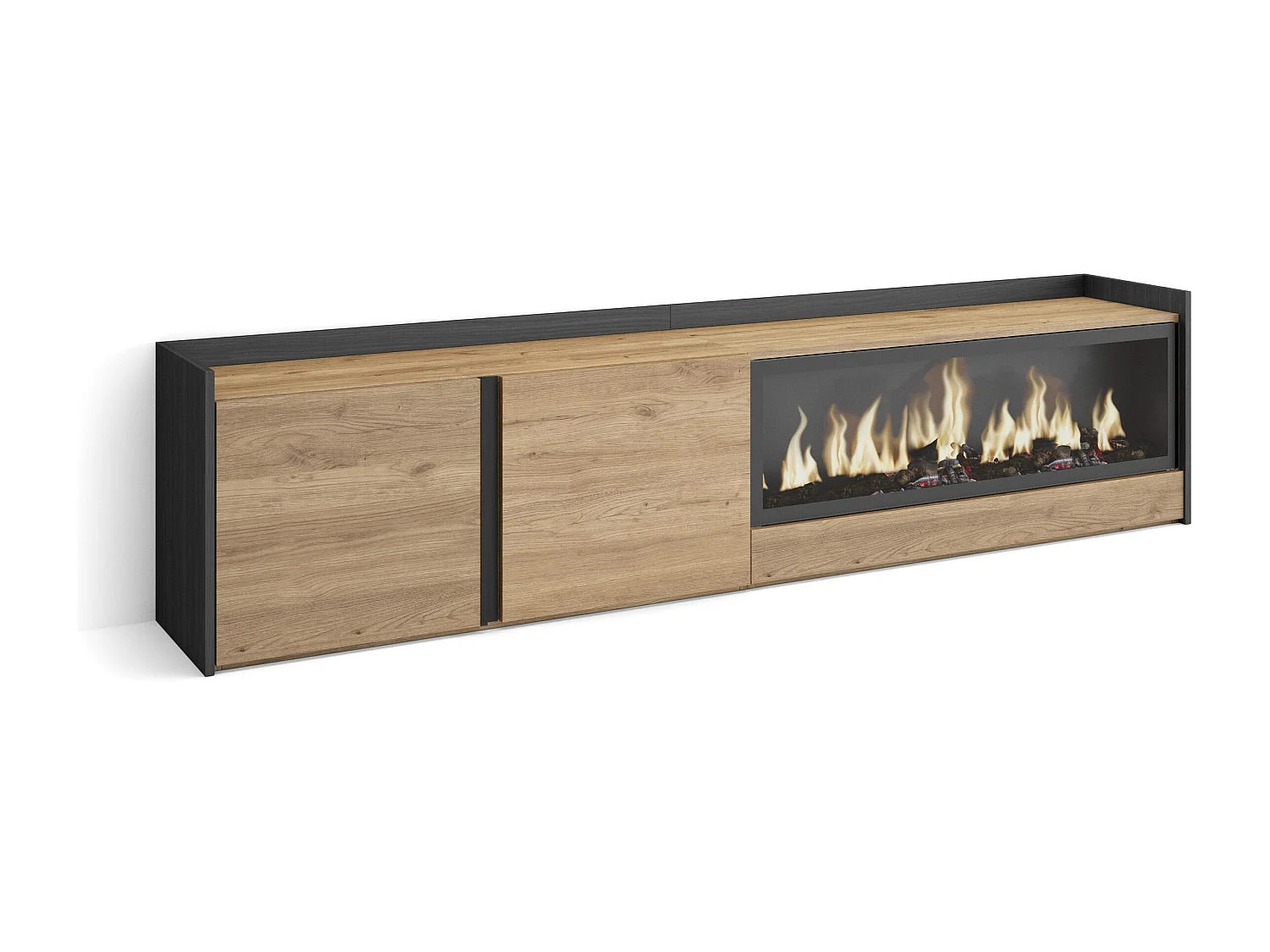 TV-Schrank, Lowboard, 212x50x35 cm, Für TV-Geräte bis zu 80", Elektrokamin XXL, Eiche Schwarz