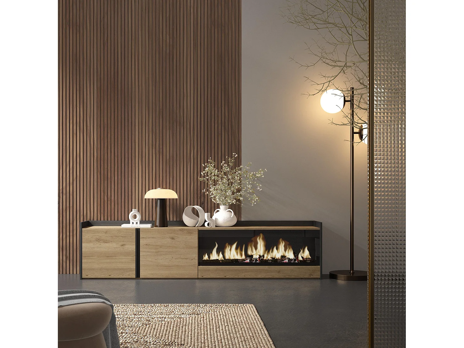 TV-Schrank, Lowboard, 212x50x35 cm, Für TV-Geräte bis zu 80", Elektrokamin XXL, Eiche Schwarz