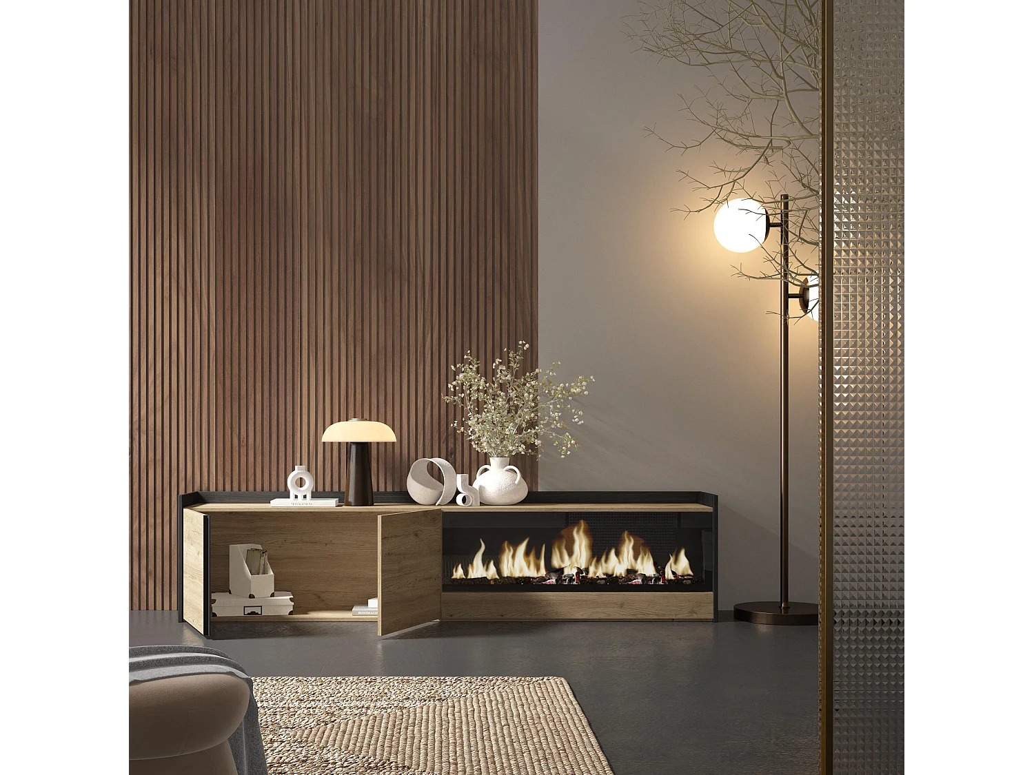 TV-Schrank, Lowboard, 212x50x35 cm, Für TV-Geräte bis zu 80", Elektrokamin XXL, Eiche Schwarz