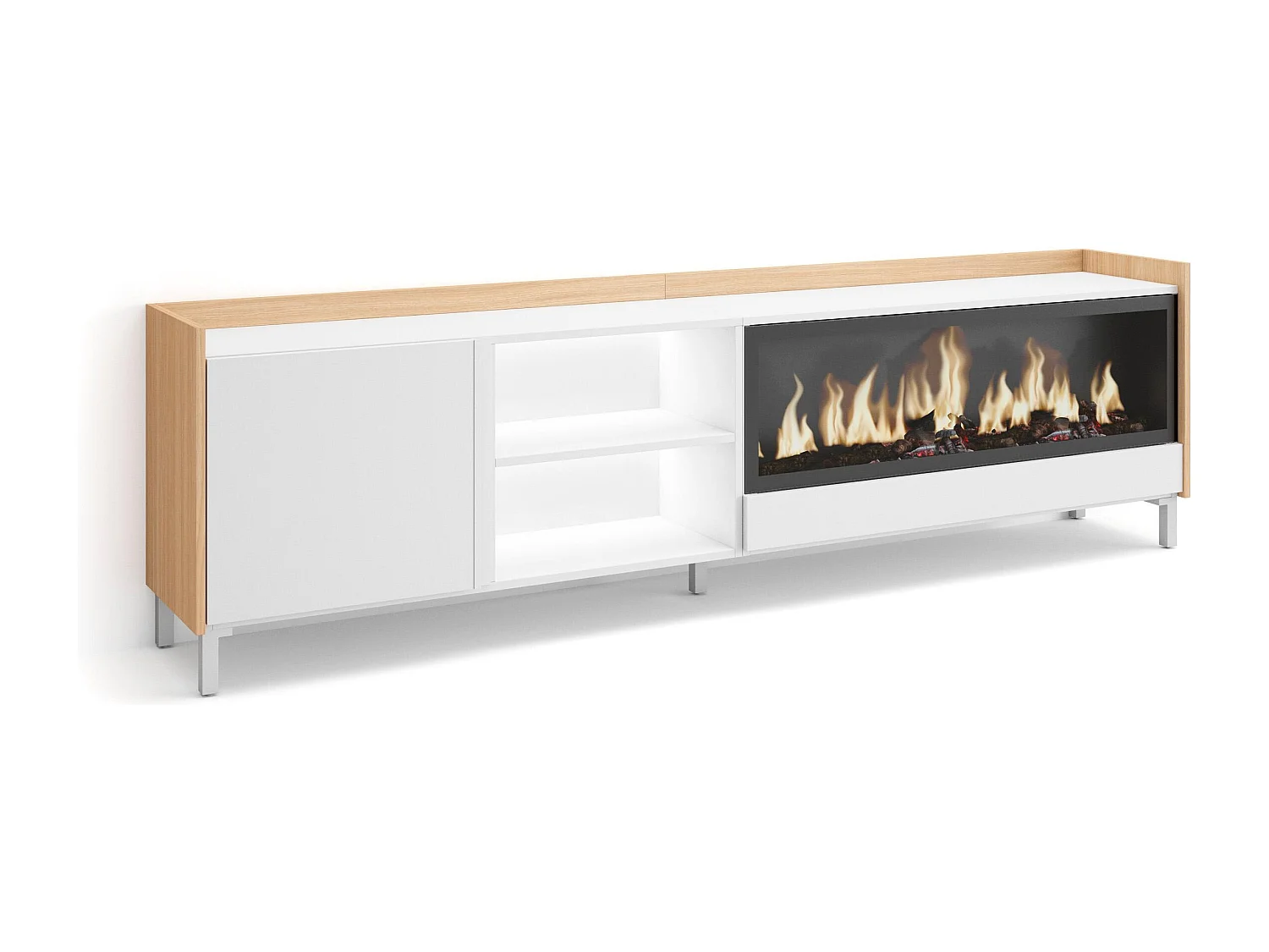 TV-Schrank, Lowboard, 212x61x35 cm, Für TV-Geräte bis zu 80", Elektrokamin XXL, Industriedesign, LED, Weiß und Eiche Soft