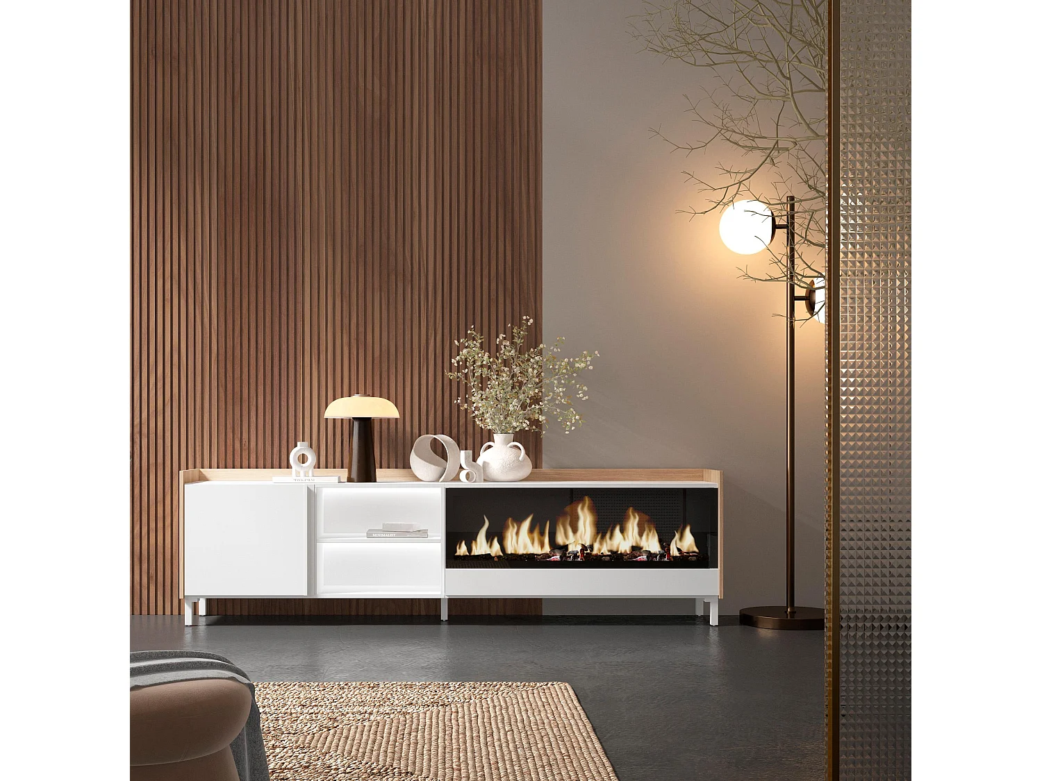 TV-Schrank, Lowboard, 212x61x35 cm, Für TV-Geräte bis zu 80", Elektrokamin XXL, Industriedesign, LED, Weiß und Eiche Soft