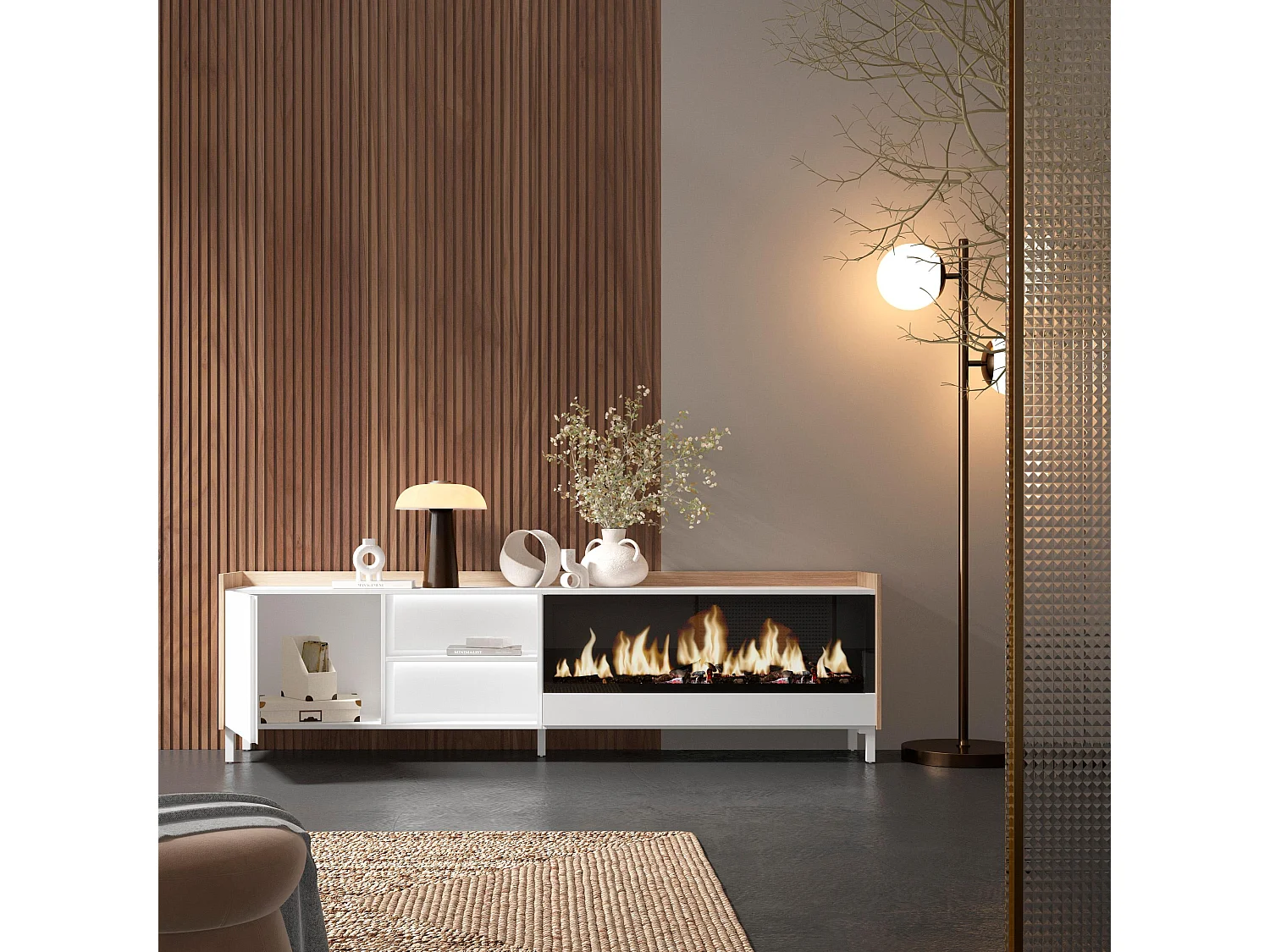 TV-Schrank, Lowboard, 212x61x35 cm, Für TV-Geräte bis zu 80", Elektrokamin XXL, Industriedesign, LED, Weiß und Eiche Soft