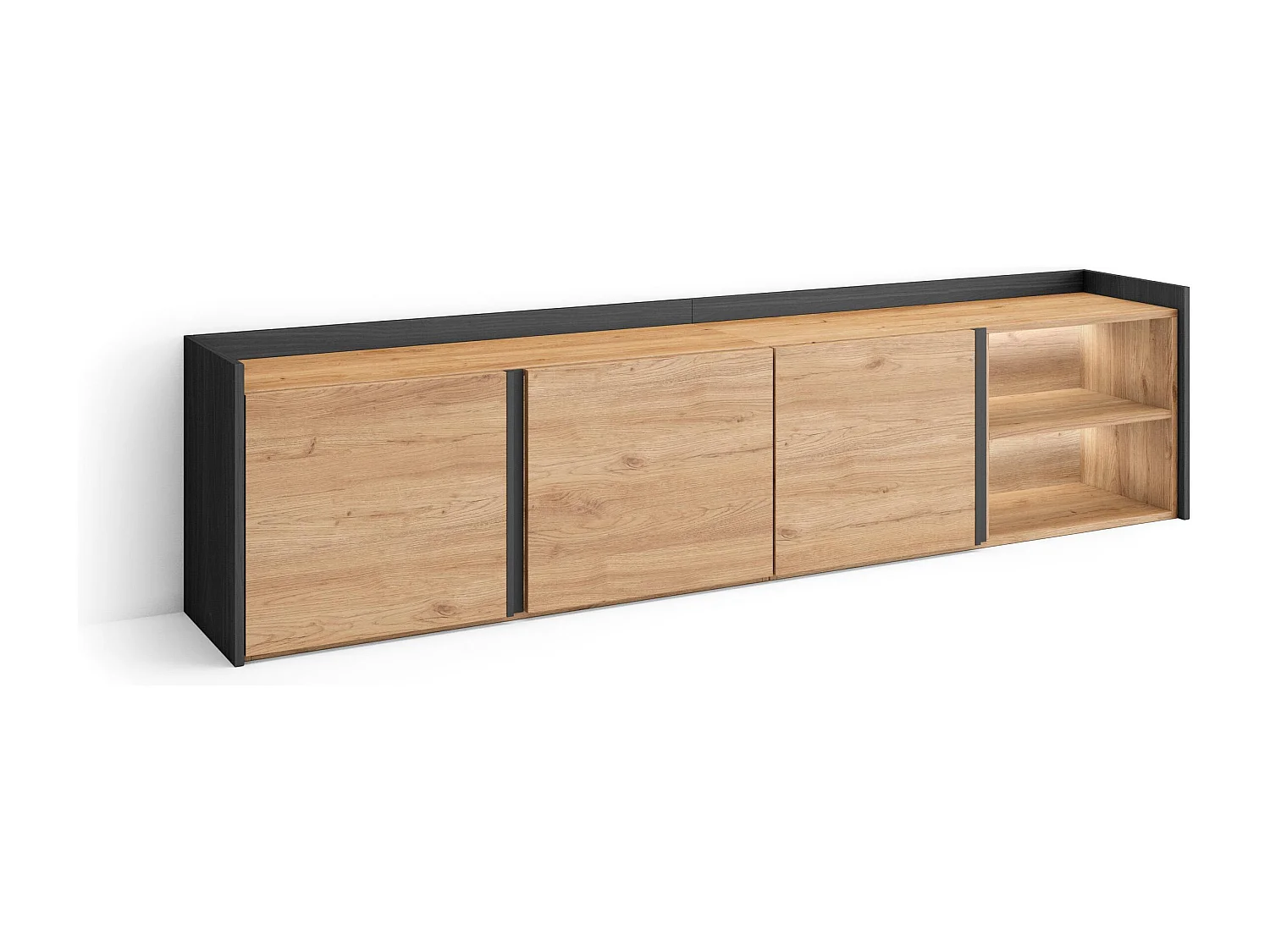 TV-Schrank, Lowboard, 207x50x35 cm, Für TV-Geräte bis zu 80", LED, Eiche Schwarz