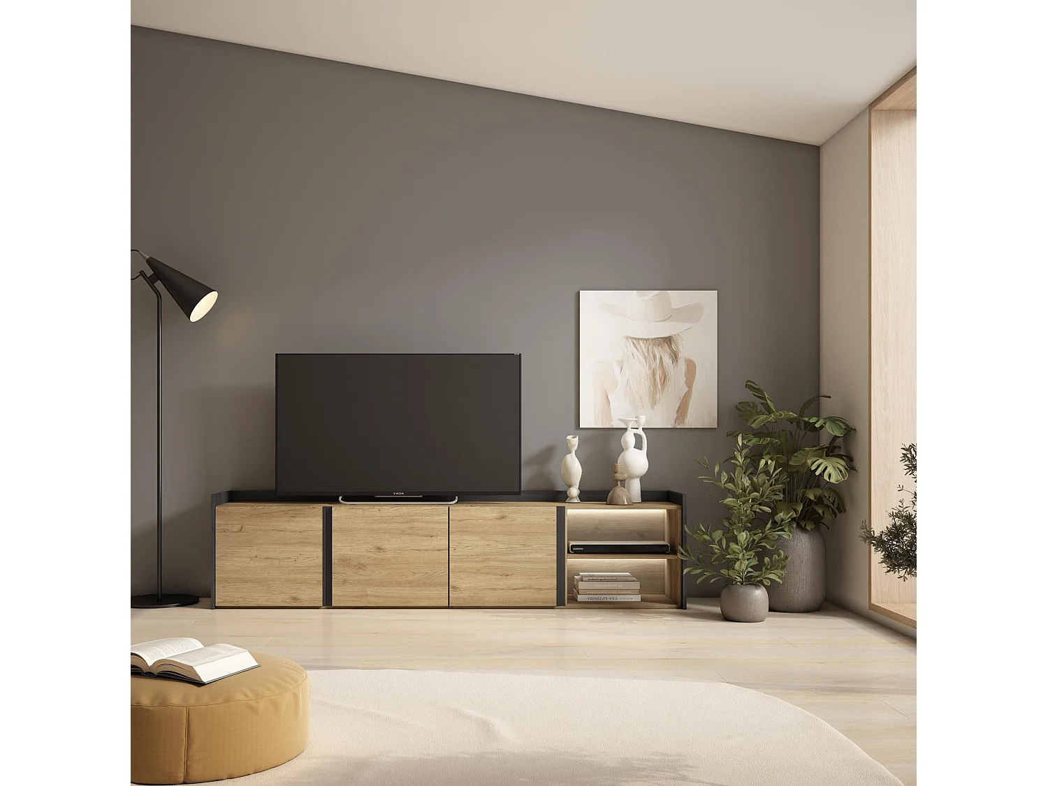 TV-Schrank, Lowboard, 207x50x35 cm, Für TV-Geräte bis zu 80", LED, Eiche Schwarz