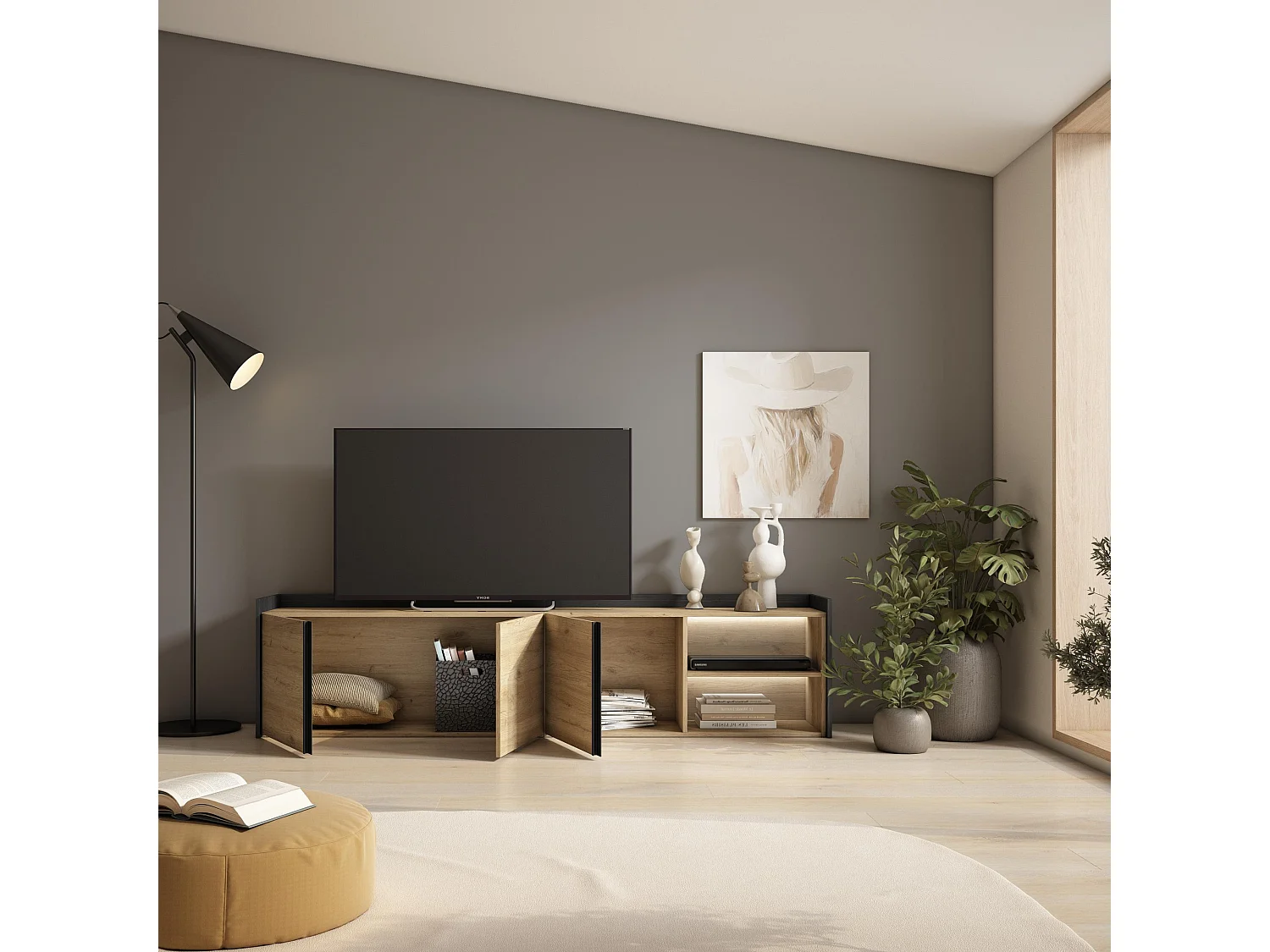 TV-Schrank, Lowboard, 207x50x35 cm, Für TV-Geräte bis zu 80", LED, Eiche Schwarz