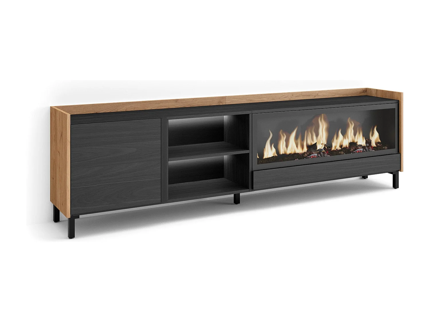 TV-Schrank, Lowboard, 212x61x35 cm, Für TV-Geräte bis zu 80", Elektrokamin XXL, Industriedesign, LED, Schwarz Eiche