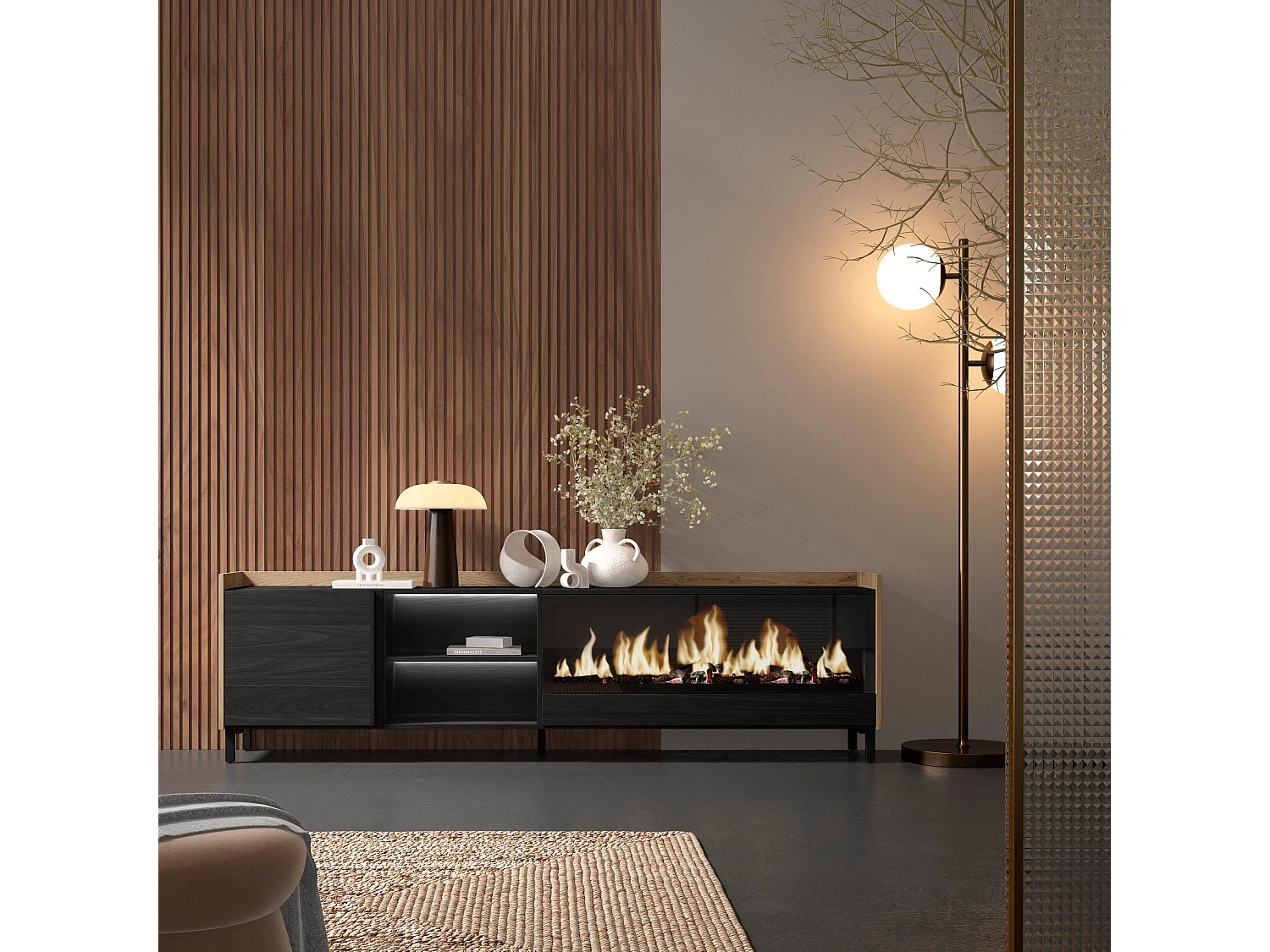 TV-Schrank, Lowboard, 212x61x35 cm, Für TV-Geräte bis zu 80", Elektrokamin XXL, Industriedesign, LED, Schwarz Eiche