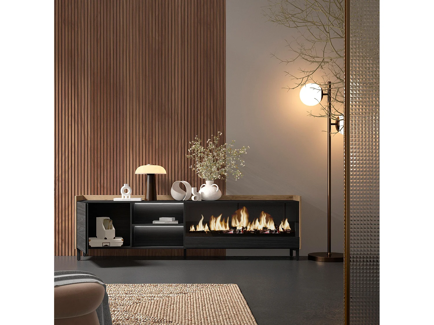 TV-Schrank, Lowboard, 212x61x35 cm, Für TV-Geräte bis zu 80", Elektrokamin XXL, Industriedesign, LED, Schwarz Eiche