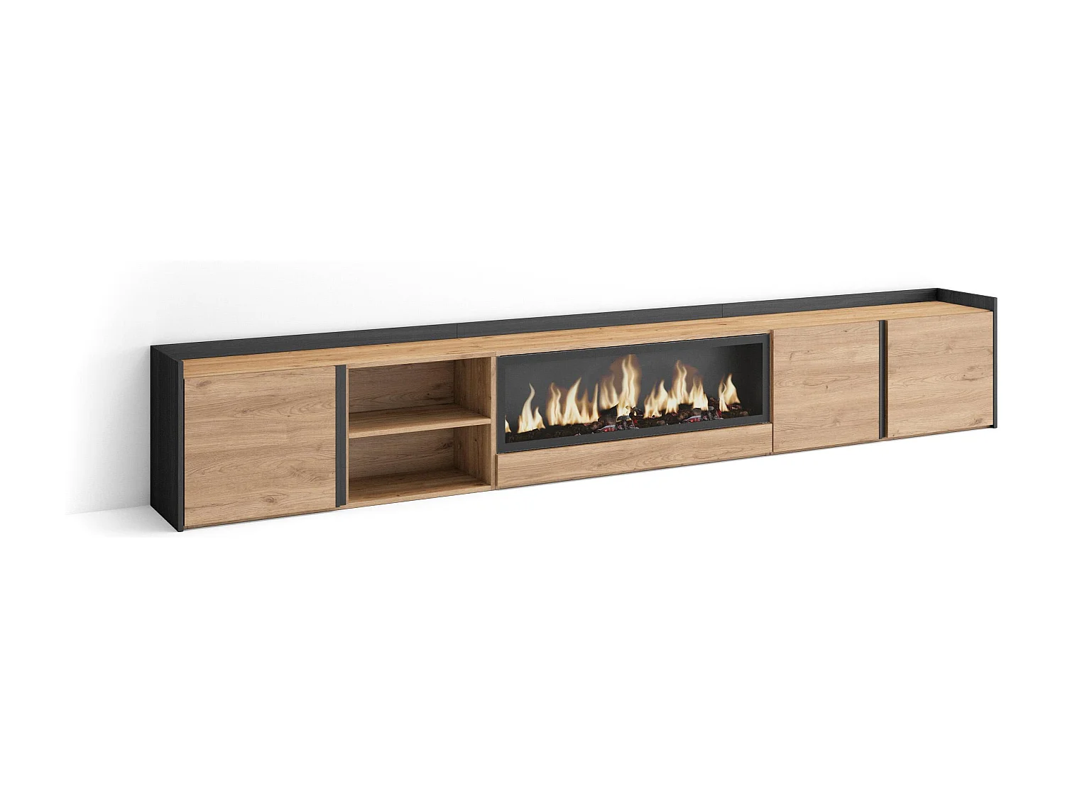 Meuble TV, Banc Télé, 315x50x35 cm, Pour les TV jusqu'à 80", Cheminée électrique XXL, Chêne et noir