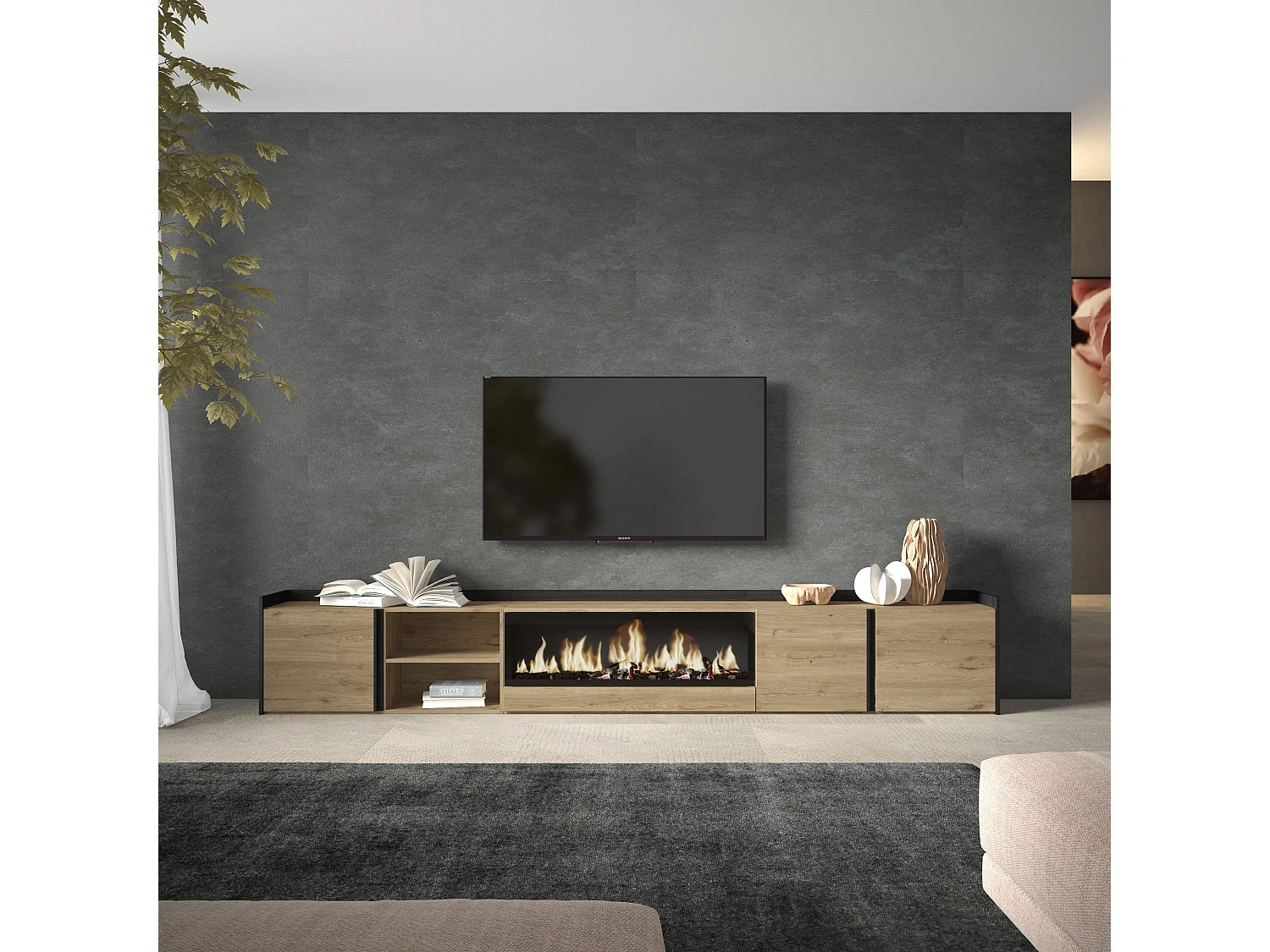 Meuble TV, Banc Télé, 315x50x35 cm, Pour les TV jusqu'à 80", Cheminée électrique XXL, Chêne et noir