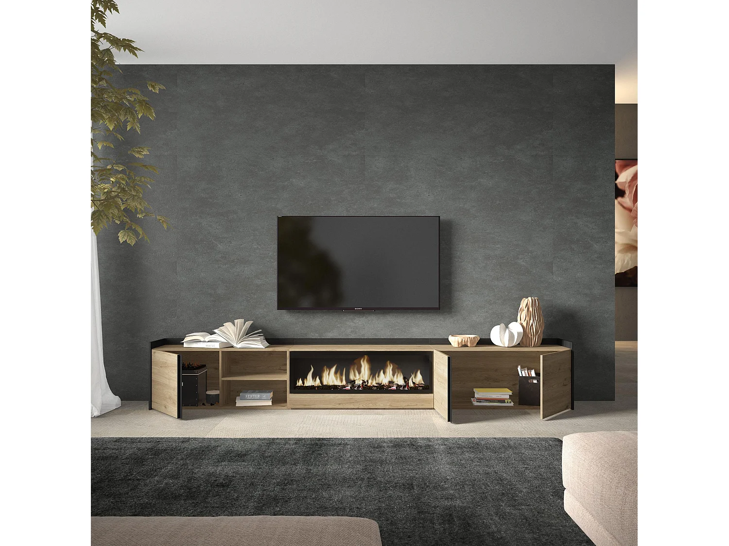 Meuble TV, Banc Télé, 315x50x35 cm, Pour les TV jusqu'à 80", Cheminée électrique XXL, Chêne et noir