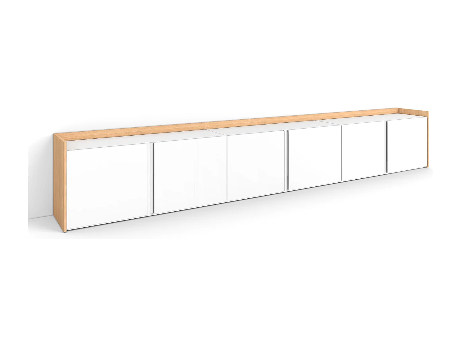 Meuble TV, Banc Télé, 309x50x35 cm, Pour les TV jusqu'à 80", Meubles de salon, Blanc et Chêne Soft