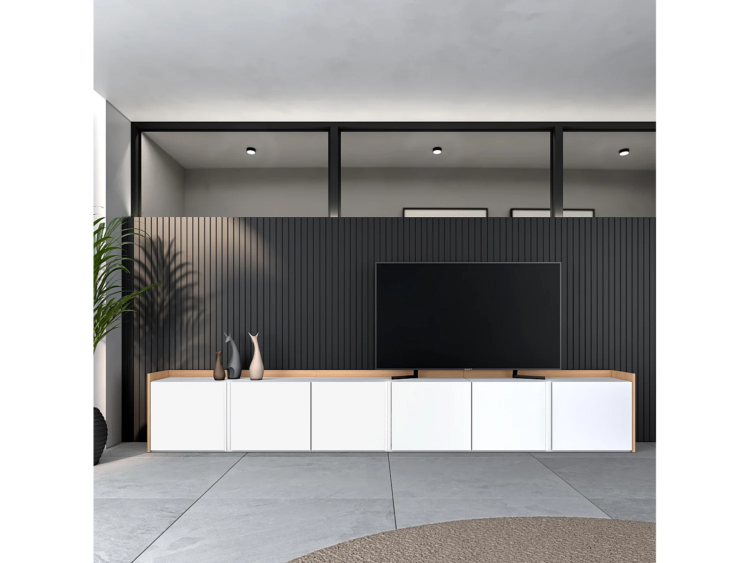 Meuble TV, Banc Télé, 309x50x35 cm, Pour les TV jusqu'à 80", Meubles de salon, Blanc et Chêne Soft
