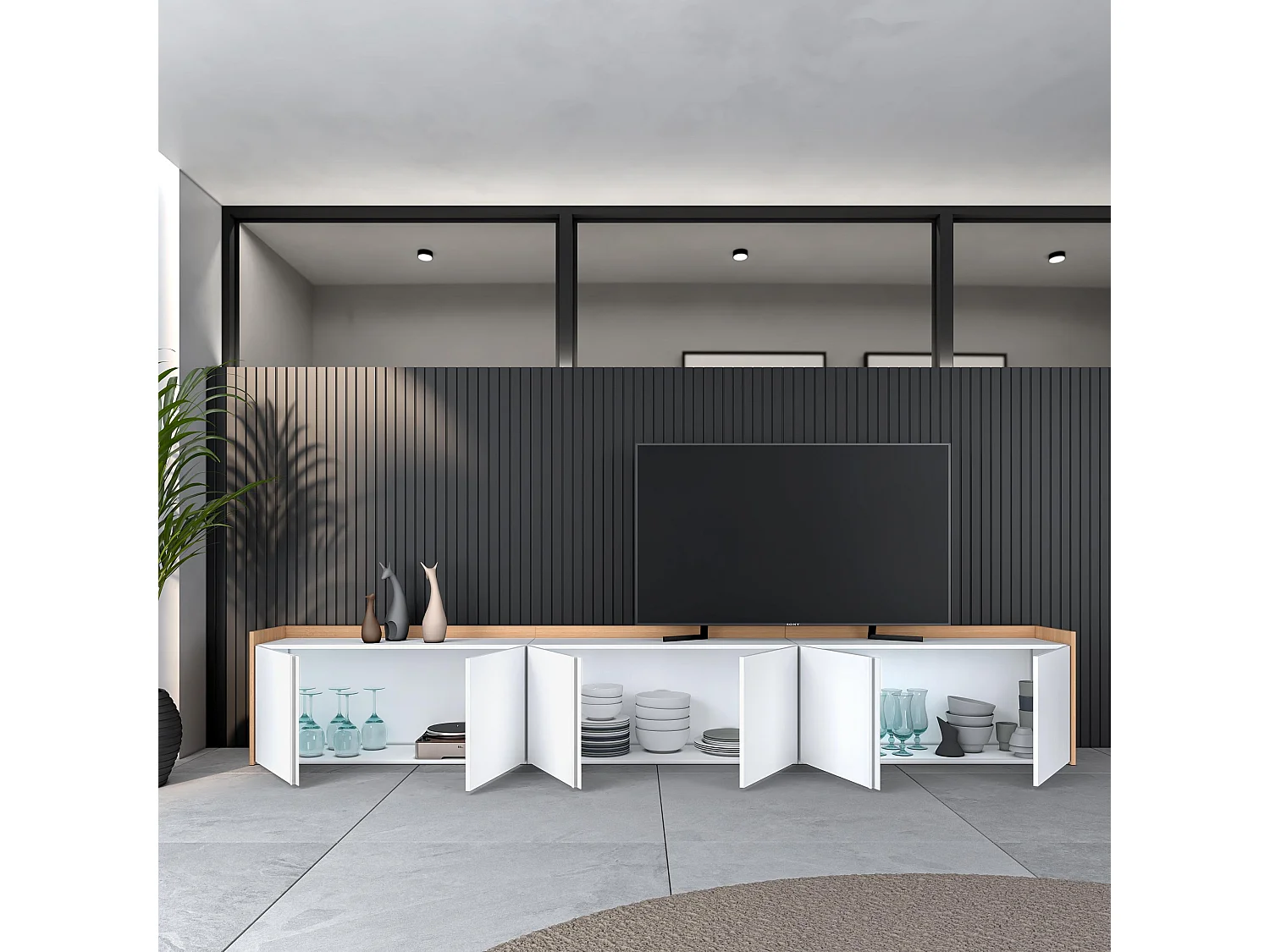 Meuble TV, Banc Télé, 309x50x35 cm, Pour les TV jusqu'à 80", Meubles de salon, Blanc et Chêne Soft
