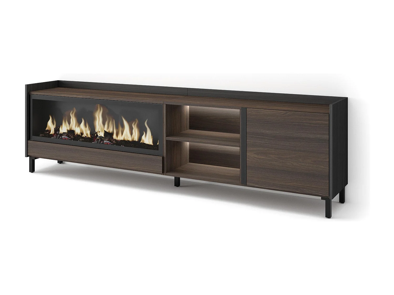 TV-Schrank, Lowboard, 212x61x35 cm, Für TV-Geräte bis zu 80", Elektrokamin XXL, Industriedesign, LED, Dunkler Eiche und Schwarz