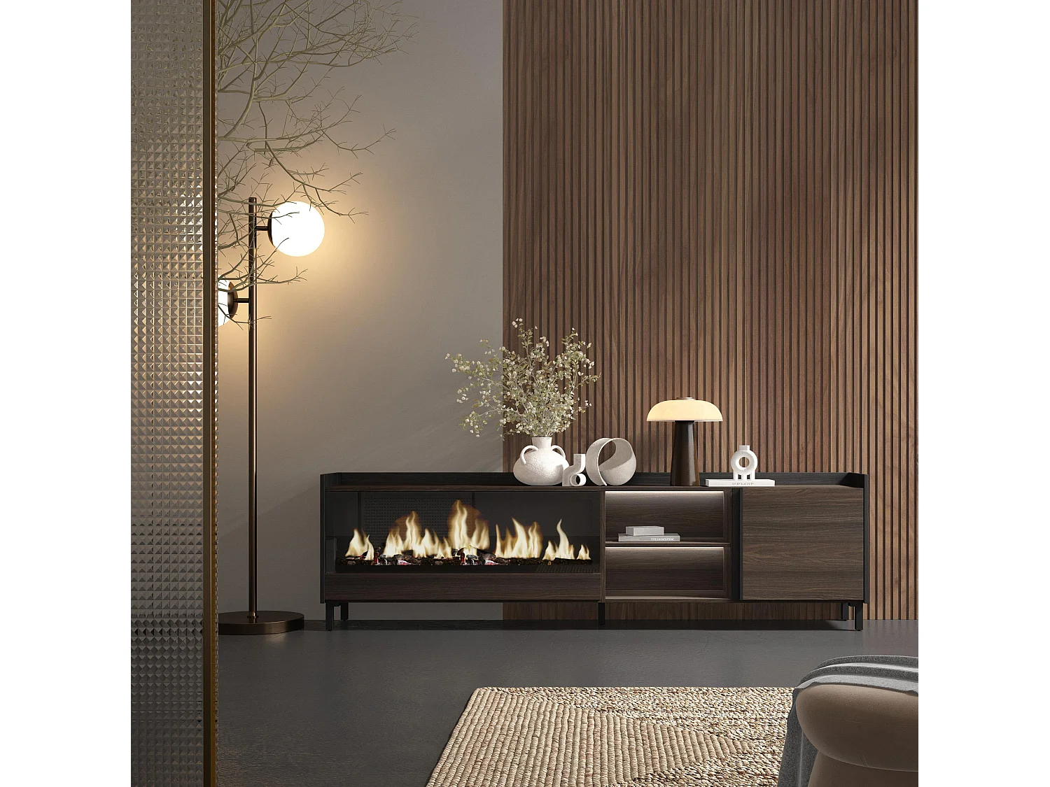 TV-Schrank, Lowboard, 212x61x35 cm, Für TV-Geräte bis zu 80", Elektrokamin XXL, Industriedesign, LED, Dunkler Eiche und Schwarz